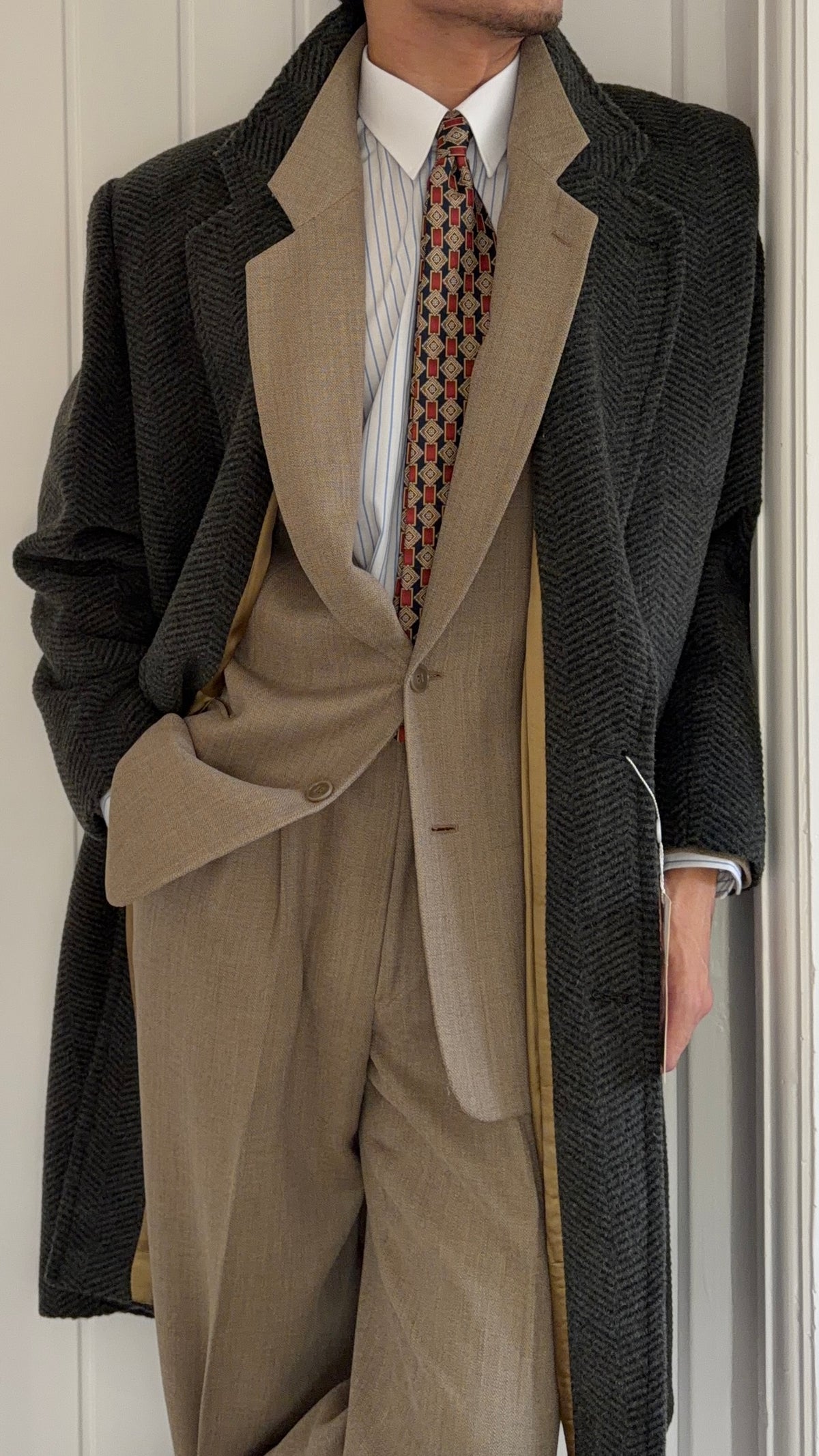 1980s Made in Italy Herringbone Wool Blend Coat Forest Green - Size M