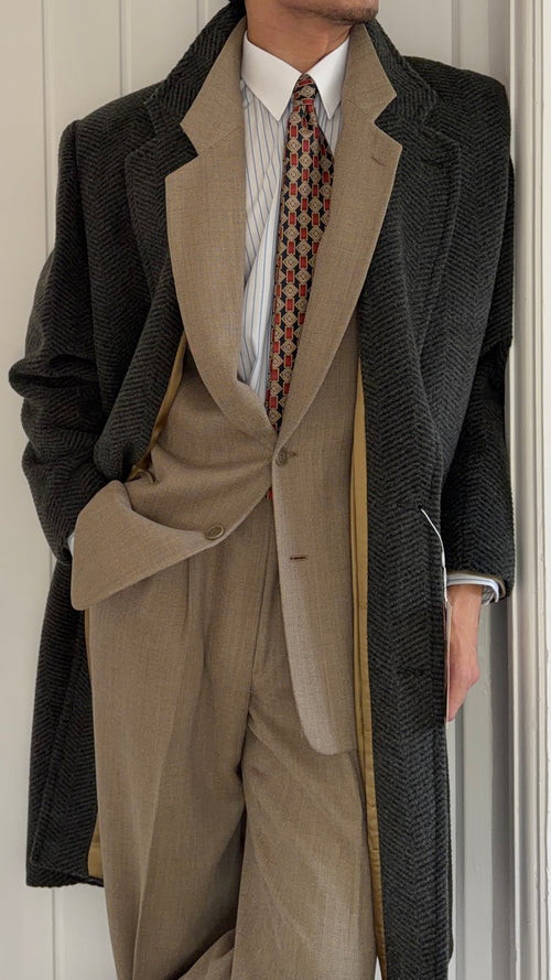 1980s Made in Italy Herringbone Wool Blend Coat Forest Green - Size M