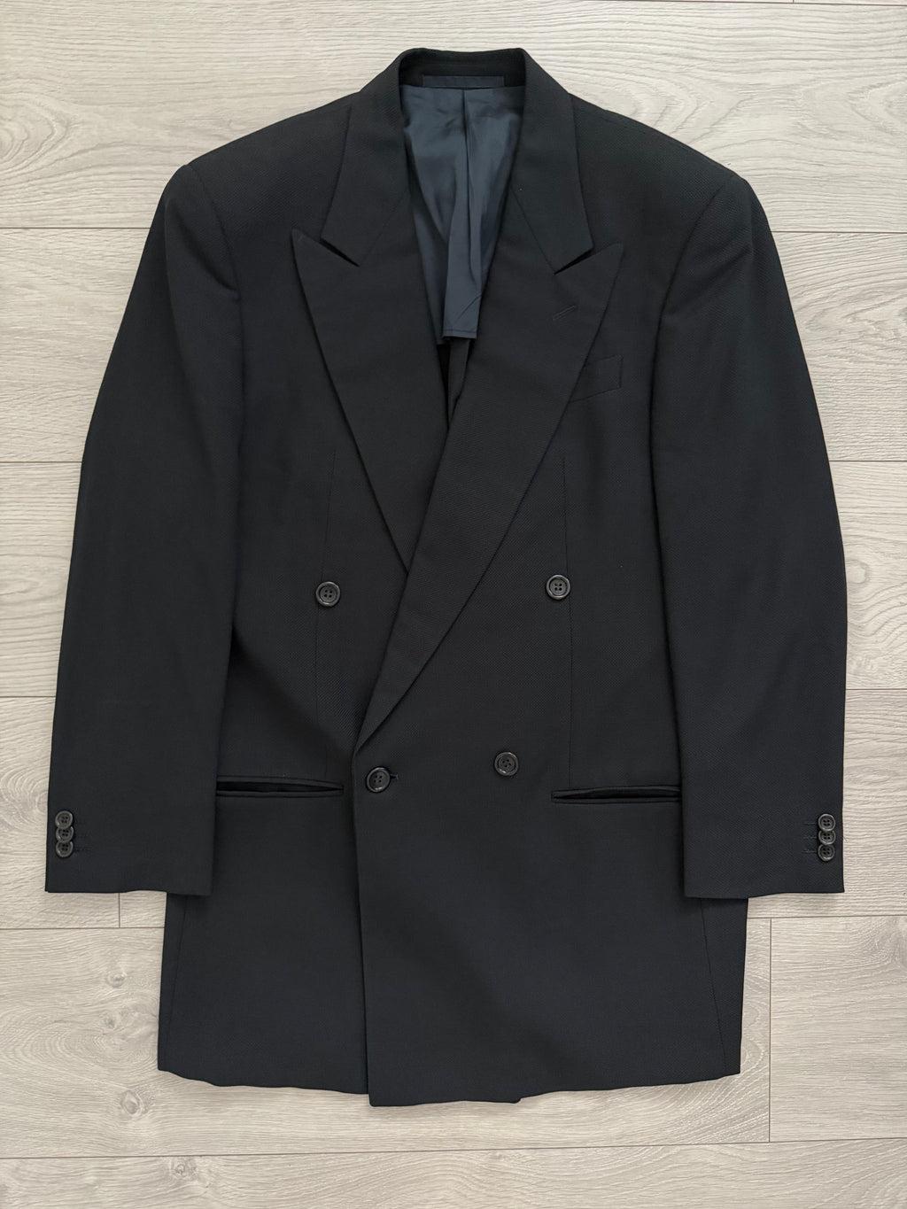 Armani 1990s Peaked Lapel Double Breasted Pleated Textured Wool Suit Black - Size S Jacket / 30" Waist