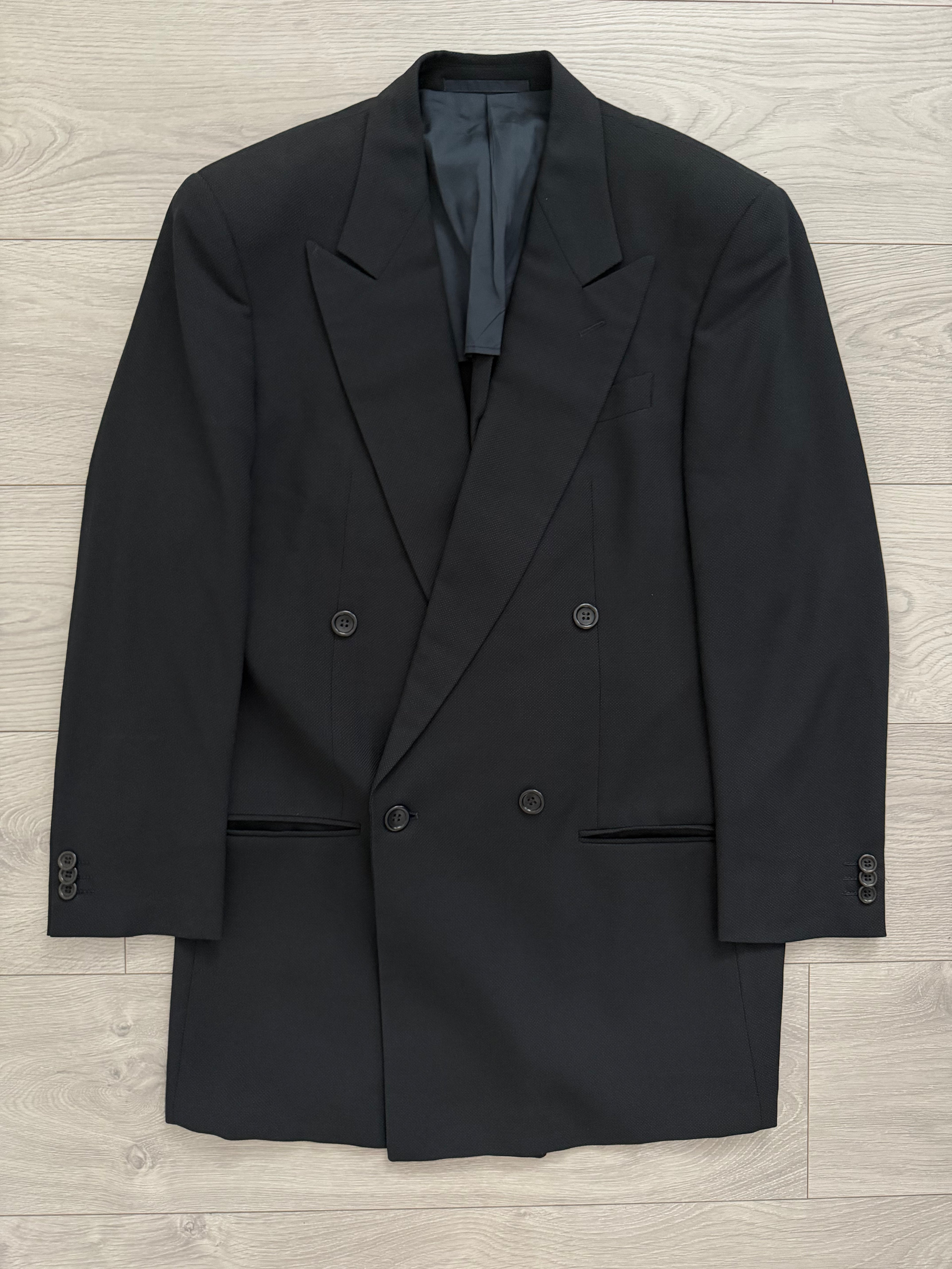 Armani 1990s Peaked Lapel Double Breasted Pleated Textured Wool Suit Black - Size S Jacket / 30" Waist