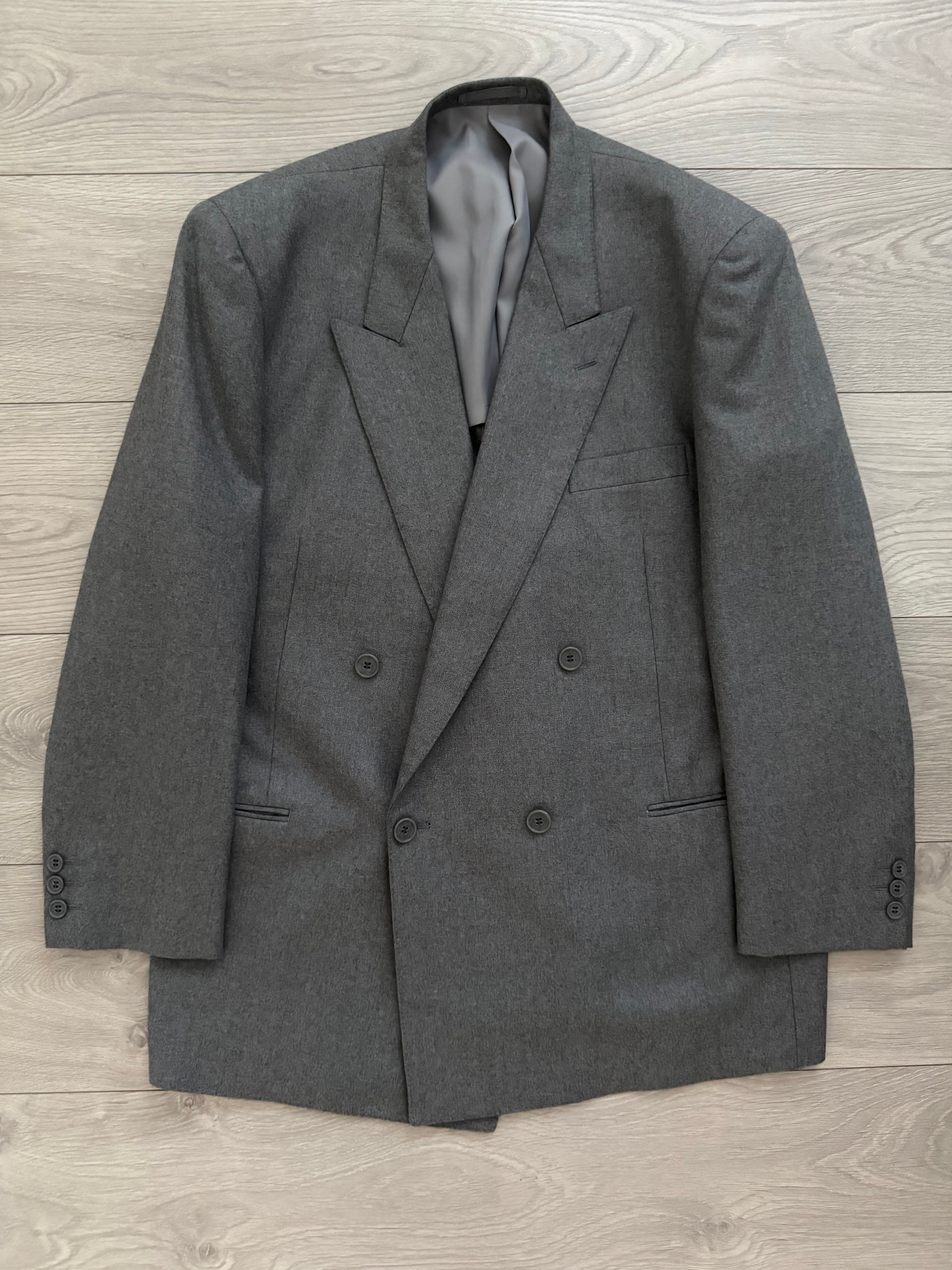 Yves Saint Laurent 1980s Double Breasted Peaked Lapel Wool Blazer Jacket Grey - Size XL