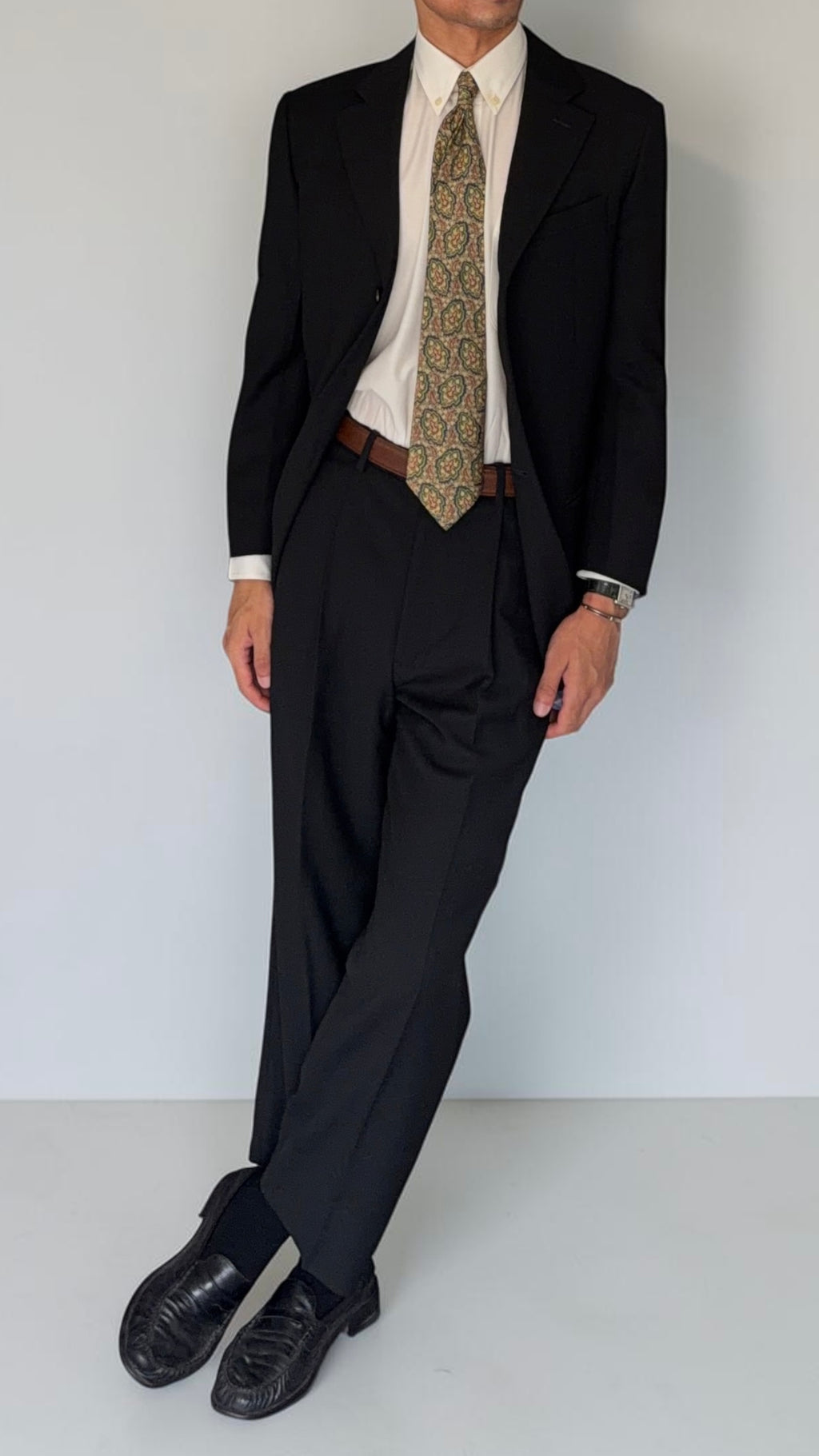 Armani 1990s 3B Wool Pleated Black Suit - Size S Jacket / 28" Waist