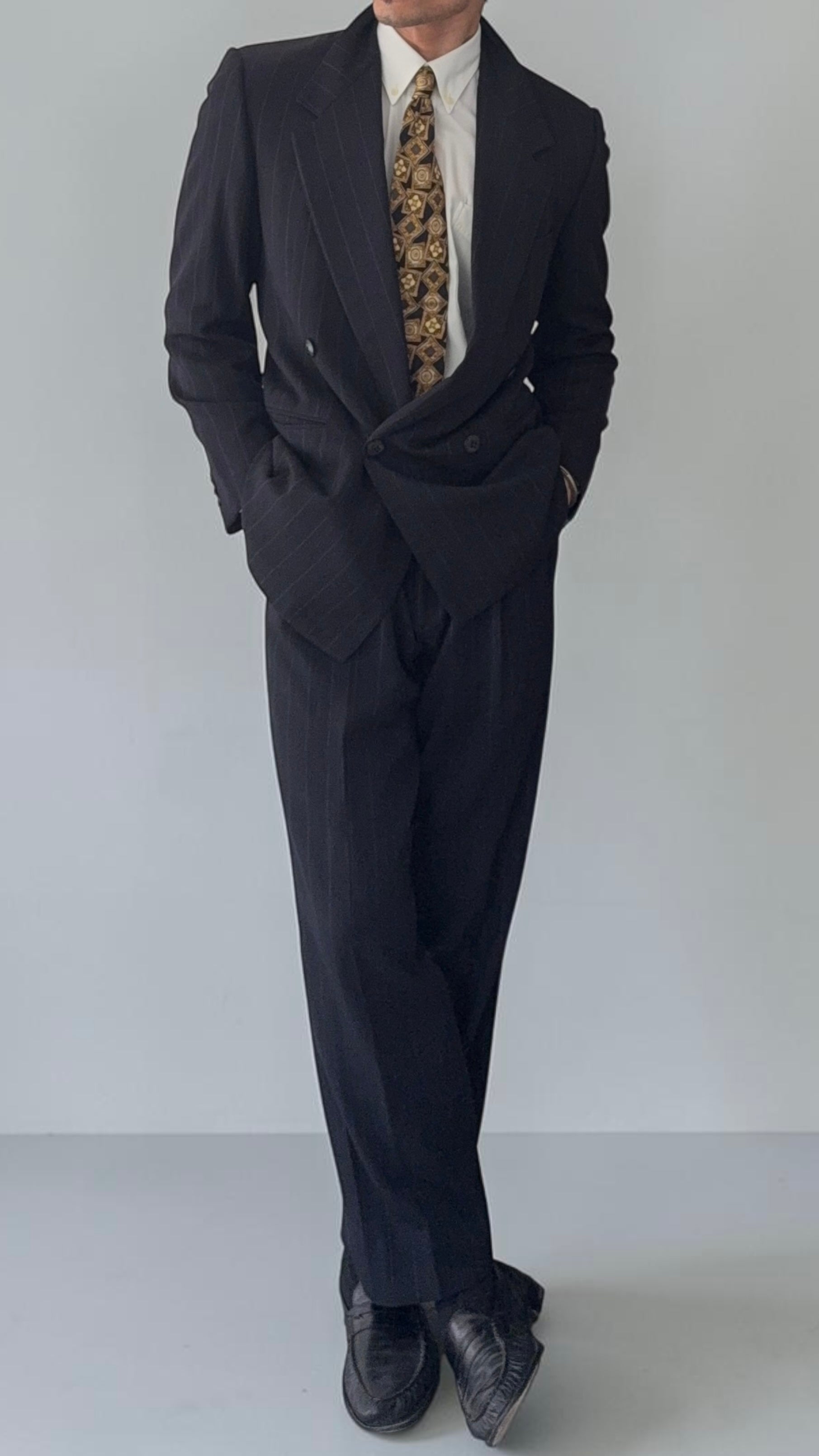 Versace 1980s Notch Lapel Double Breasted Pleated Wool Striped Suit - Size S Jacket / 32" Waist