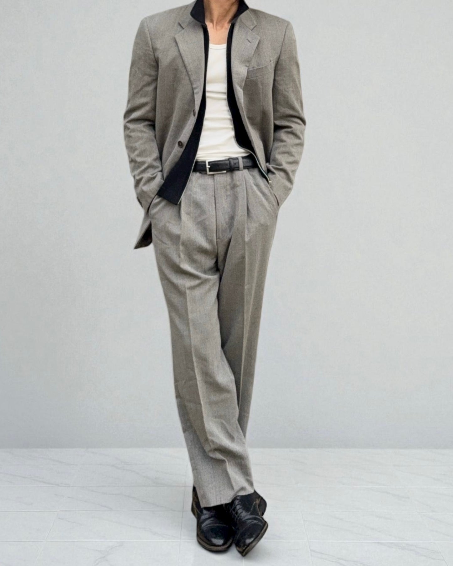 Giorgio Armani 1990s 3B Herringbone Weave Pleated Wool Suit - Size M Jacket / 32" Waist