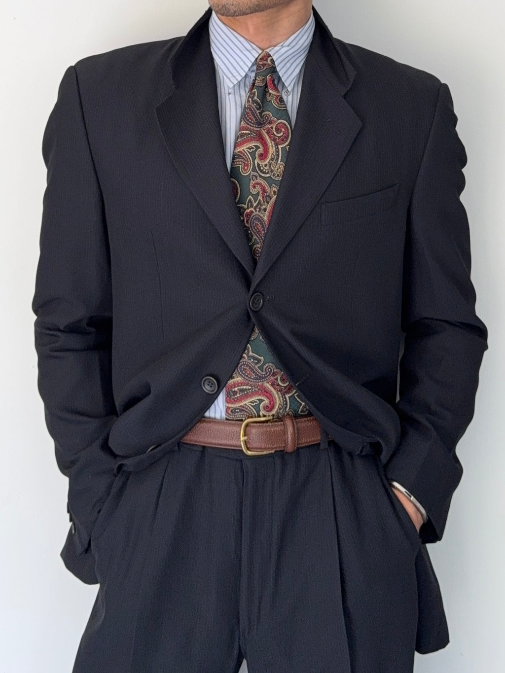 Armani 1990s 3B Pleated Wool Pinstripe Suit - Size M Jacket / 30" Waist