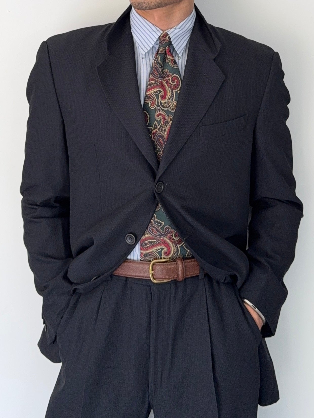 Armani 1990s 3B Pleated Wool Pinstripe Suit - Size M Jacket / 30" Waist