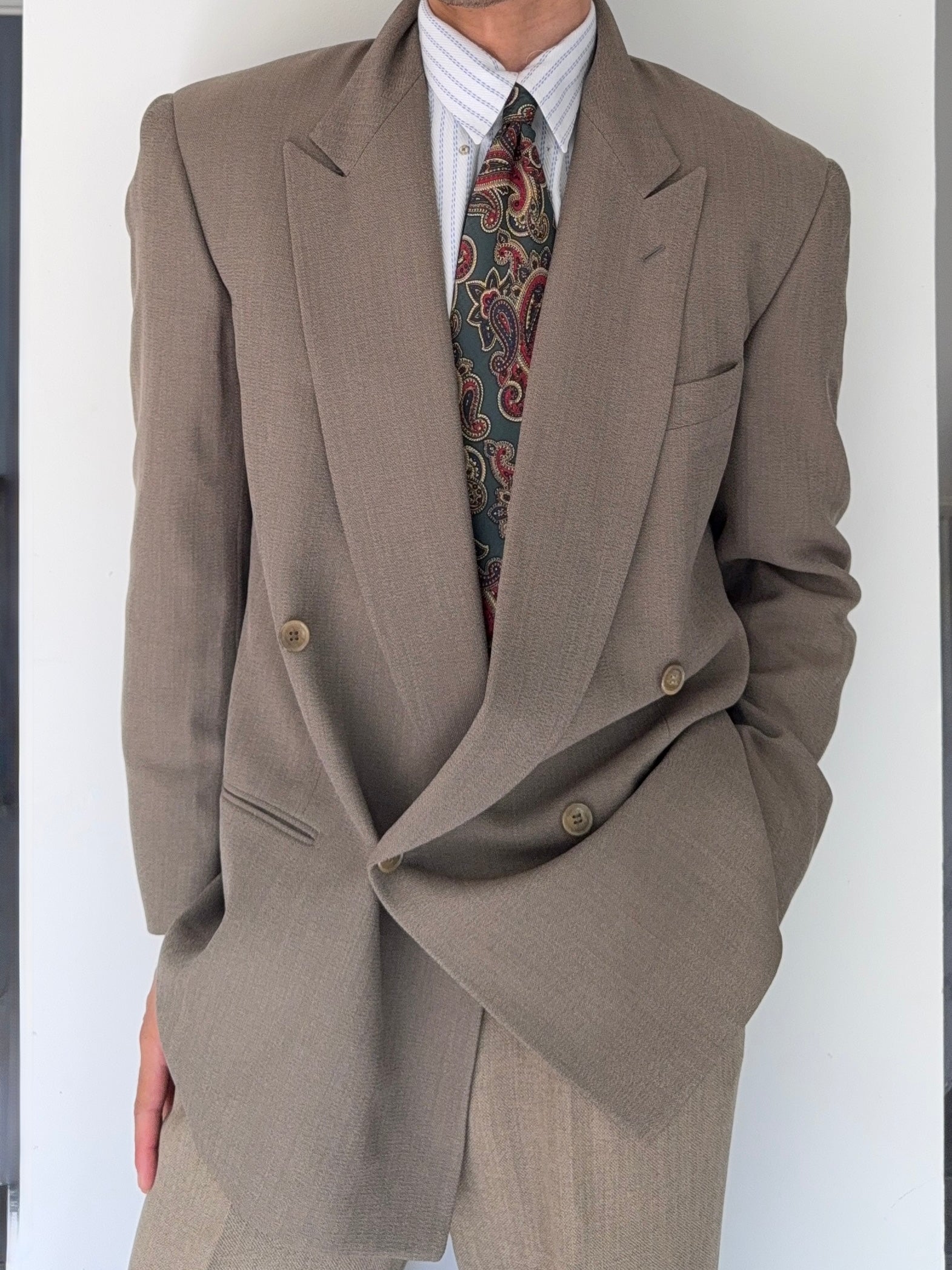 Giorgio Armani 1980s Taupe Beige Peaked Lapel Double Breasted Sports Blazer Jacket - Size M