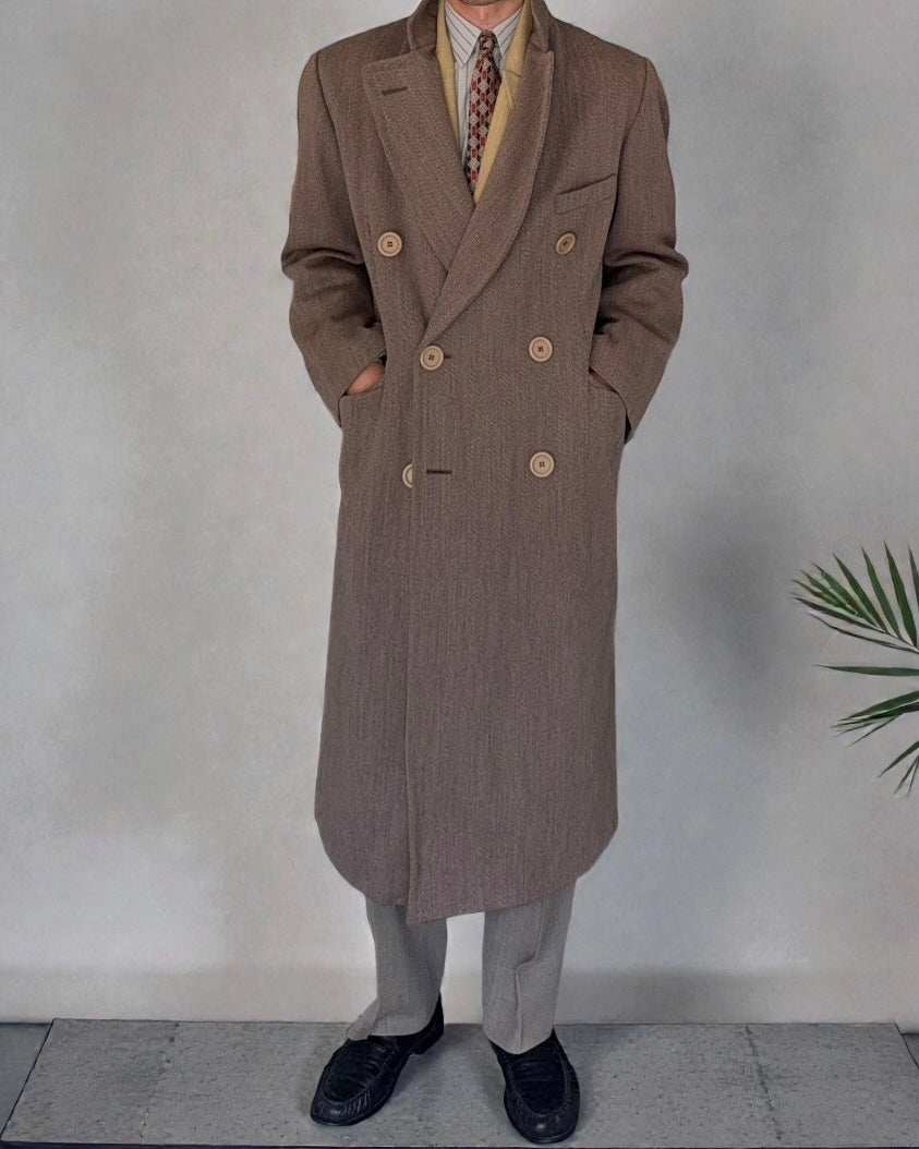 Emporio Armani 1995 Oversized Button Double Breasted Taupe Brown Wool Coat - Size M