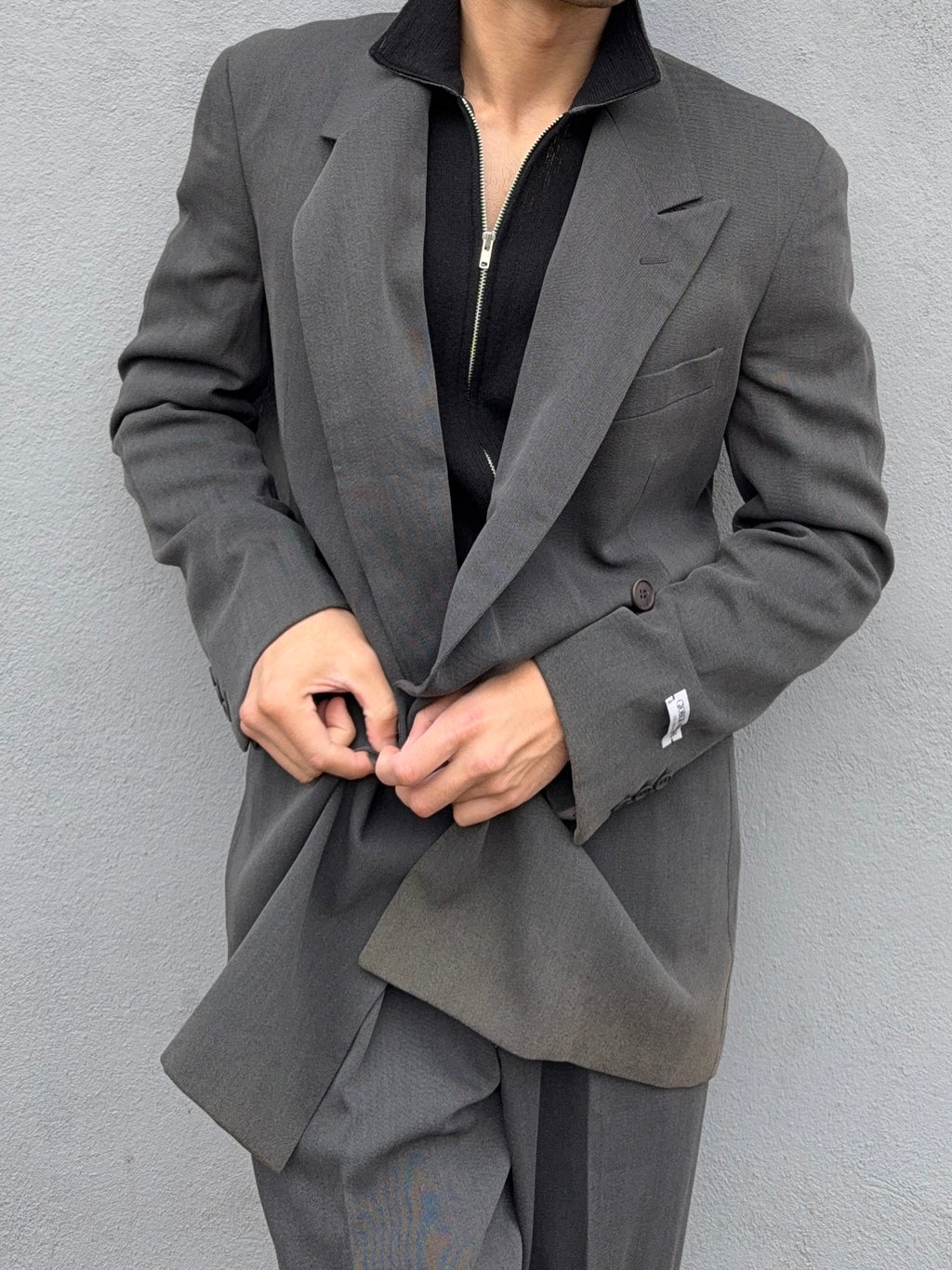 Giorgio Armani 1980s Double Breasted Pleated Wool Suit Steel Charcoal New - Size L Jacket / 32" Waist