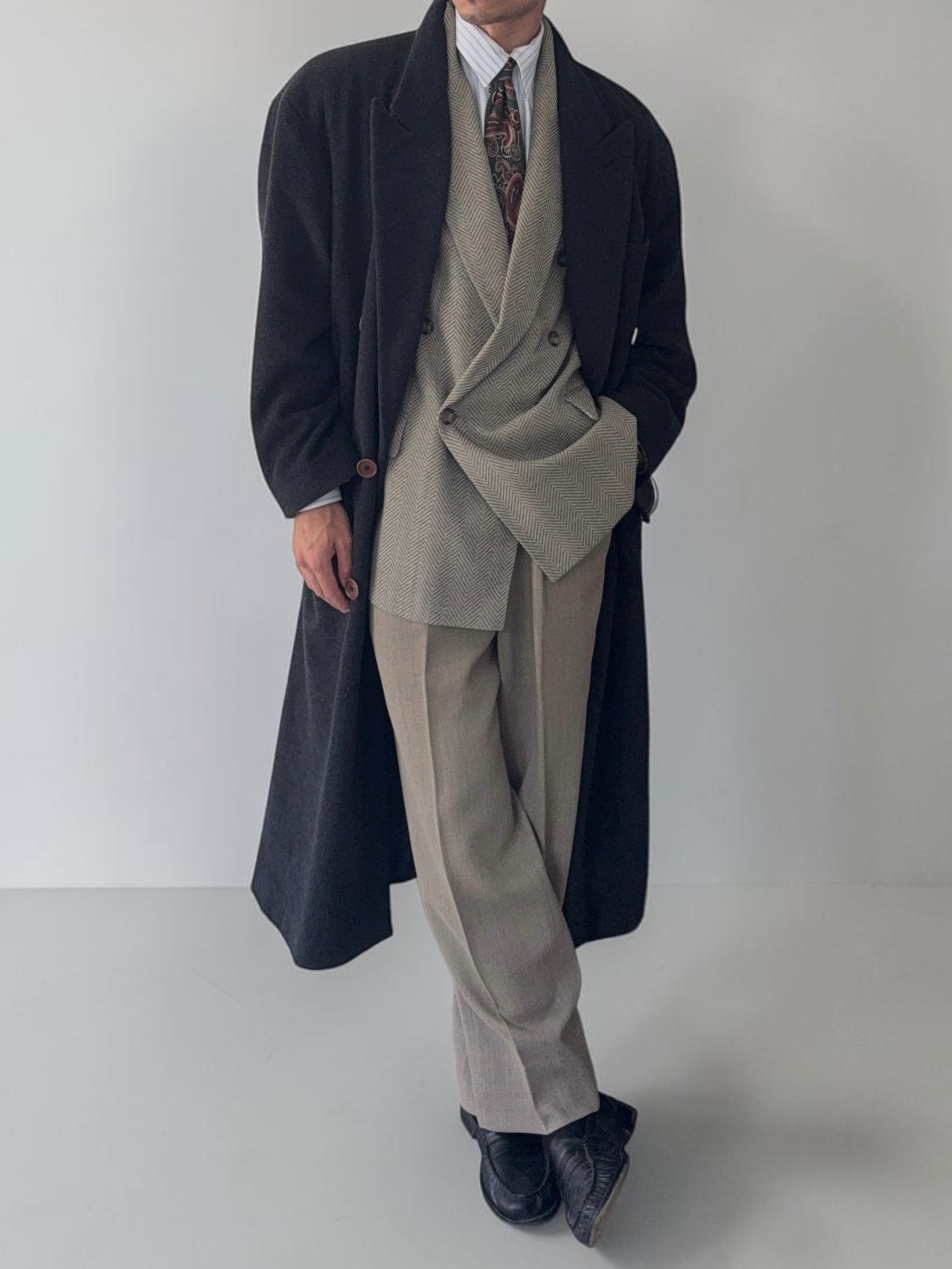 Hugo Boss 1980s 'Facel Vega' Double-Breasted Peaked Lapel Long Wool Coat - Size L