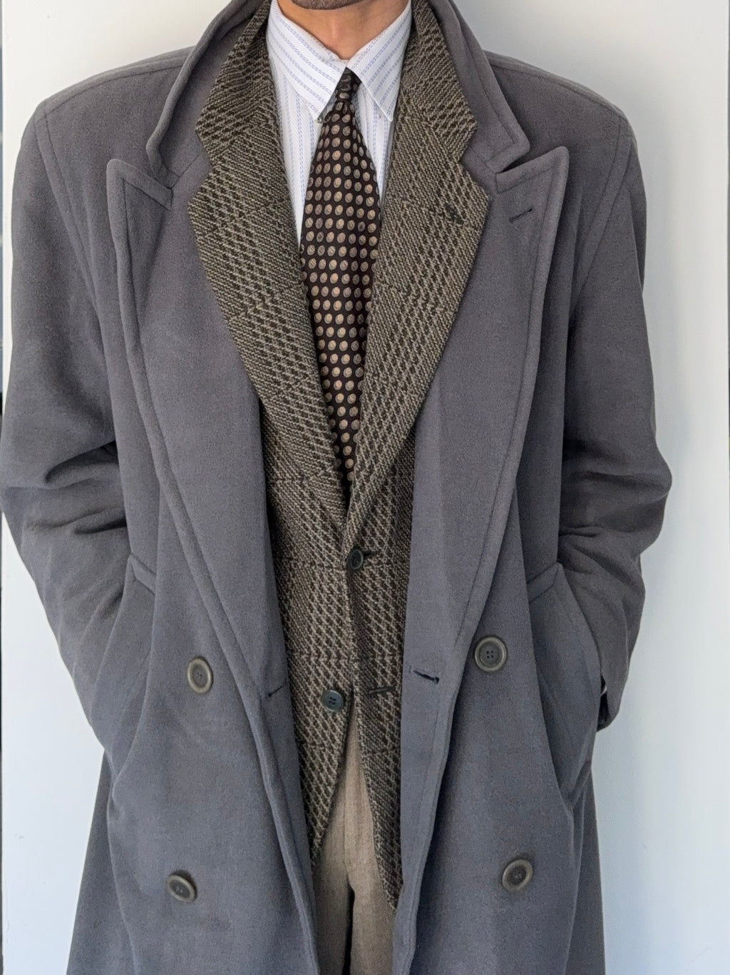 Hugo Boss 1980s 'Yamaha' Peaked Lapel Double-Breasted Wool Coat Grey - Size M