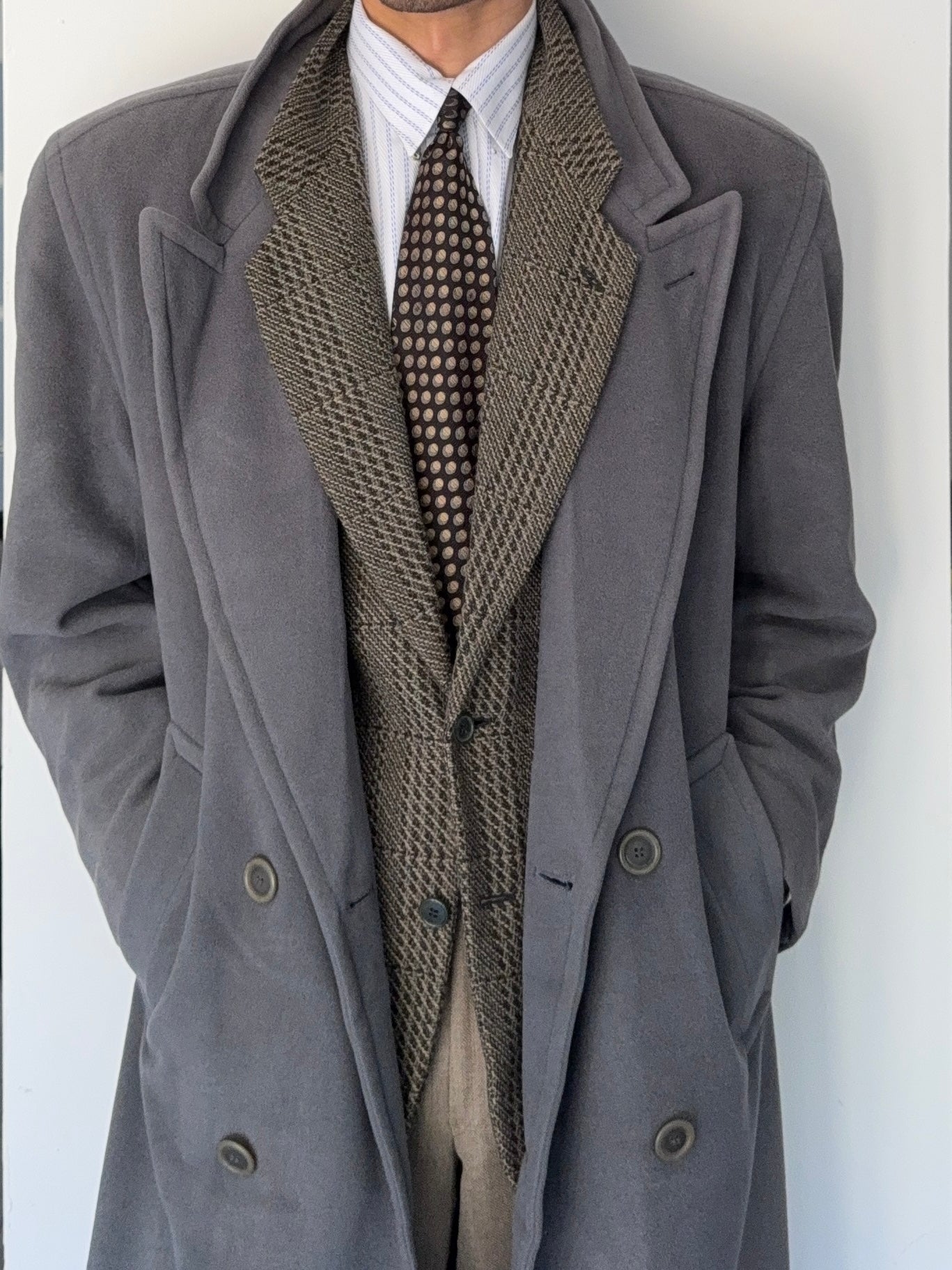 Hugo Boss 1980s 'Yamaha' Peaked Lapel Double-Breasted Wool Coat Grey - Size M