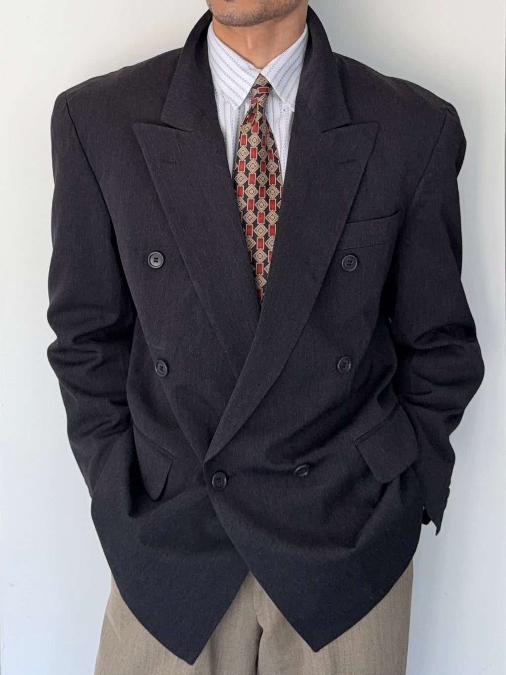 Hugo Boss 1980s 'Al Capone' Grey Peaked Lapel Double Breasted Wool Sports Jacket Blazer - Size L