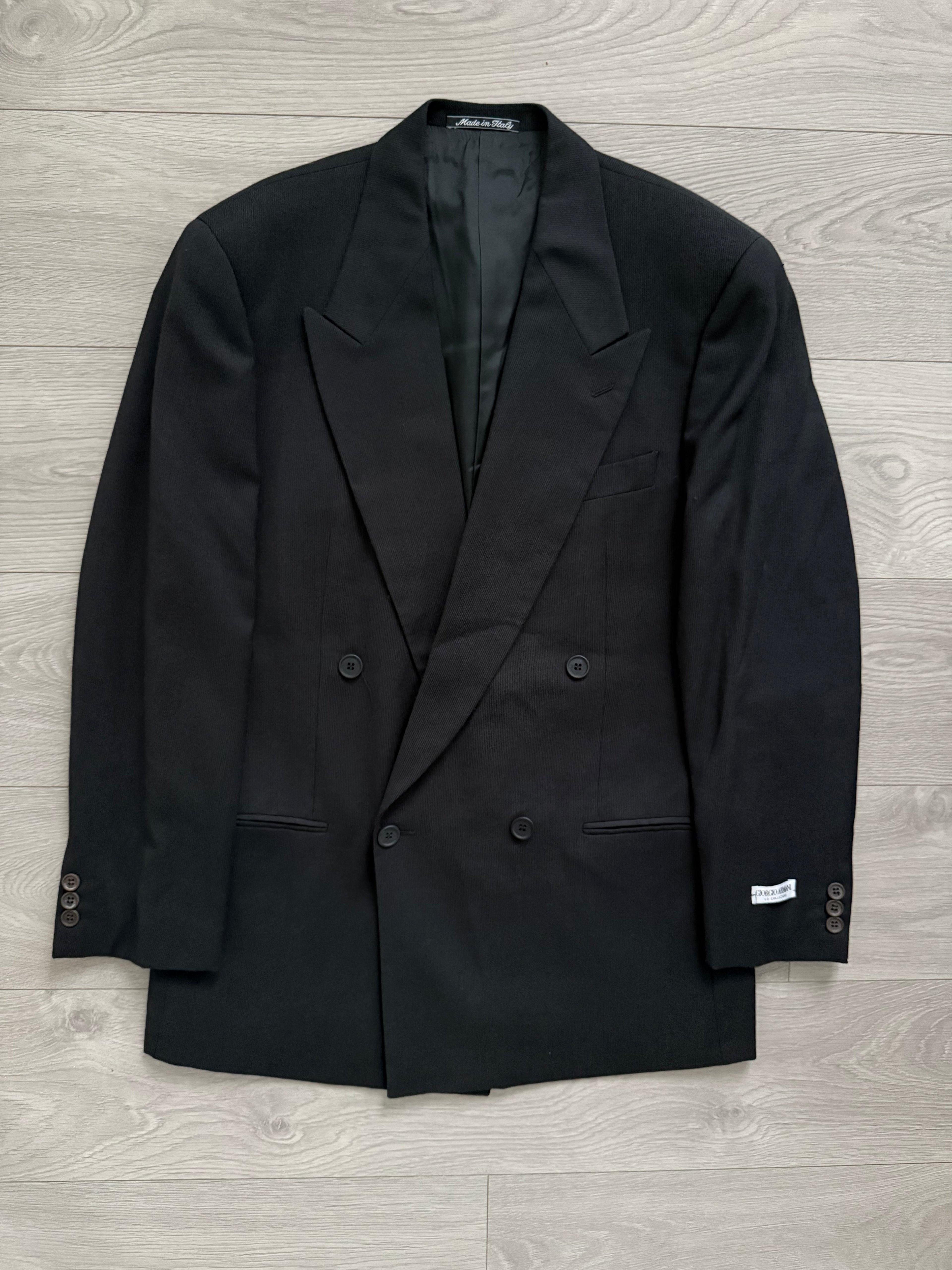 Giorgio Armani 1980s Double Breasted Pleated Wool Suit Black New - Size L Jacket / 32" Waist