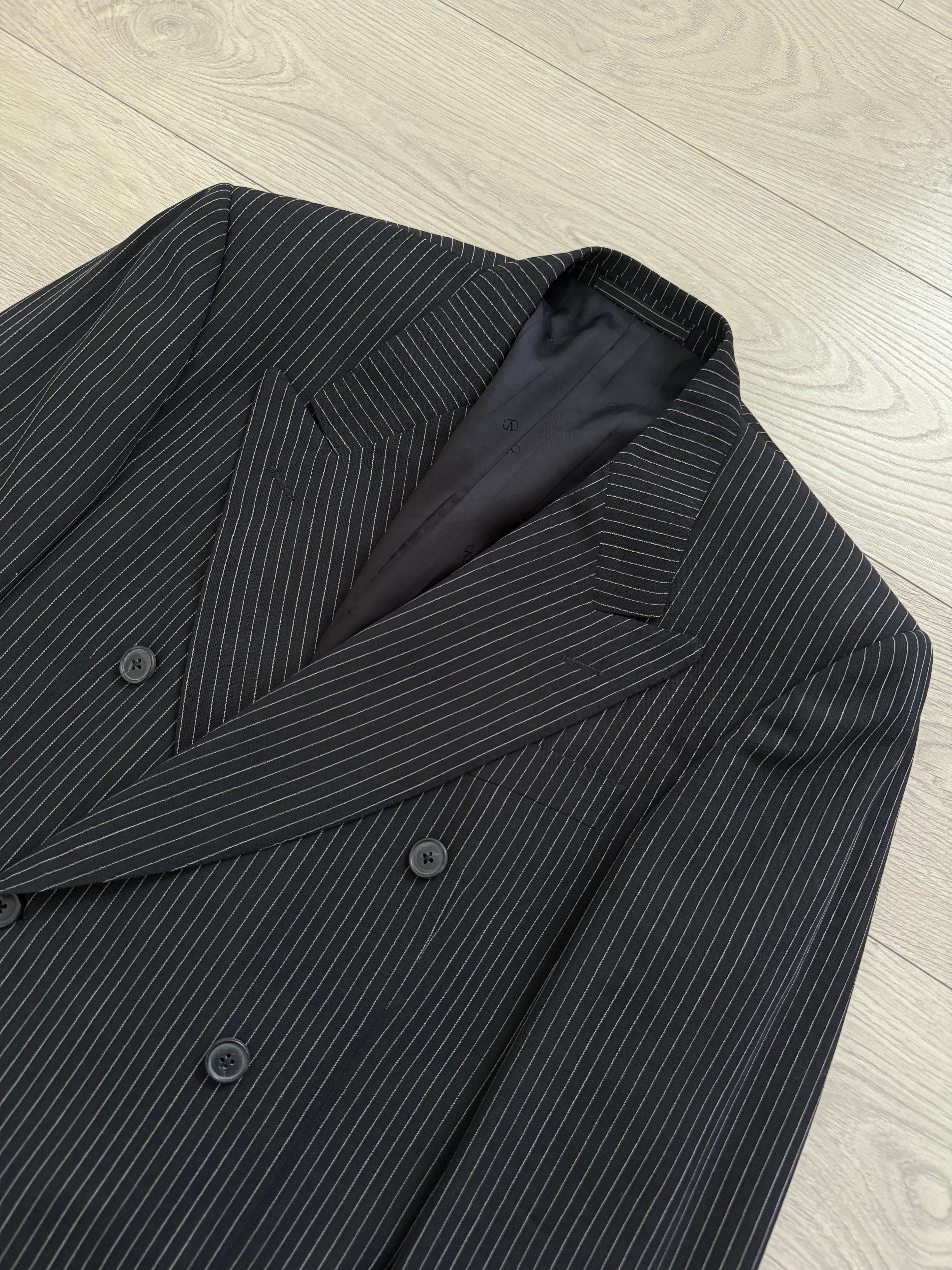 Valentino 1980s 6B Double Breasted Wool Pinestripe Power Suit - Size M Jacket / 32" Waist
