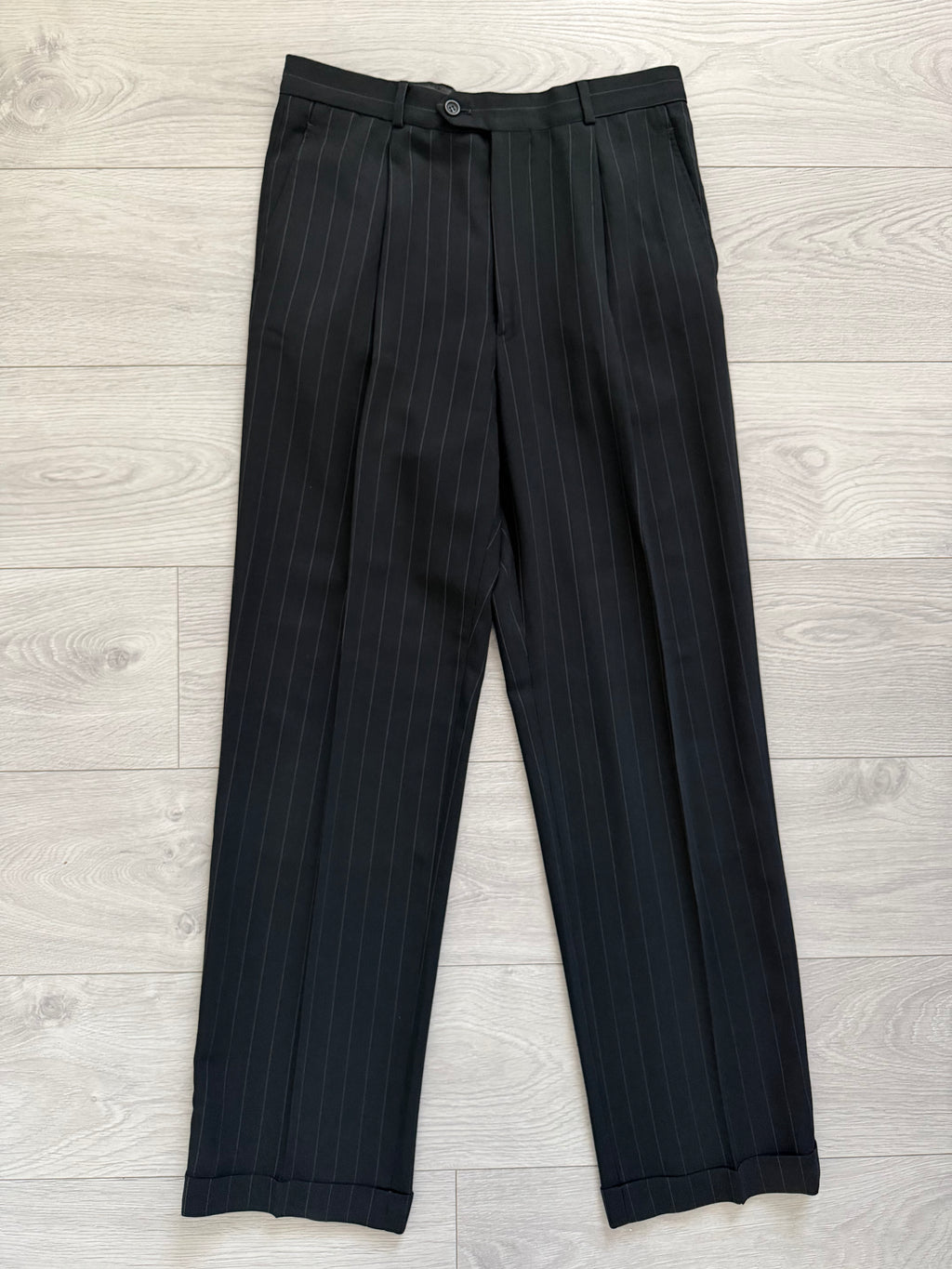 Armani 1990s Peaked Lapel Double Breasted Pinstripe Textured Wool Suit - Size M Jacket / 31" Waist