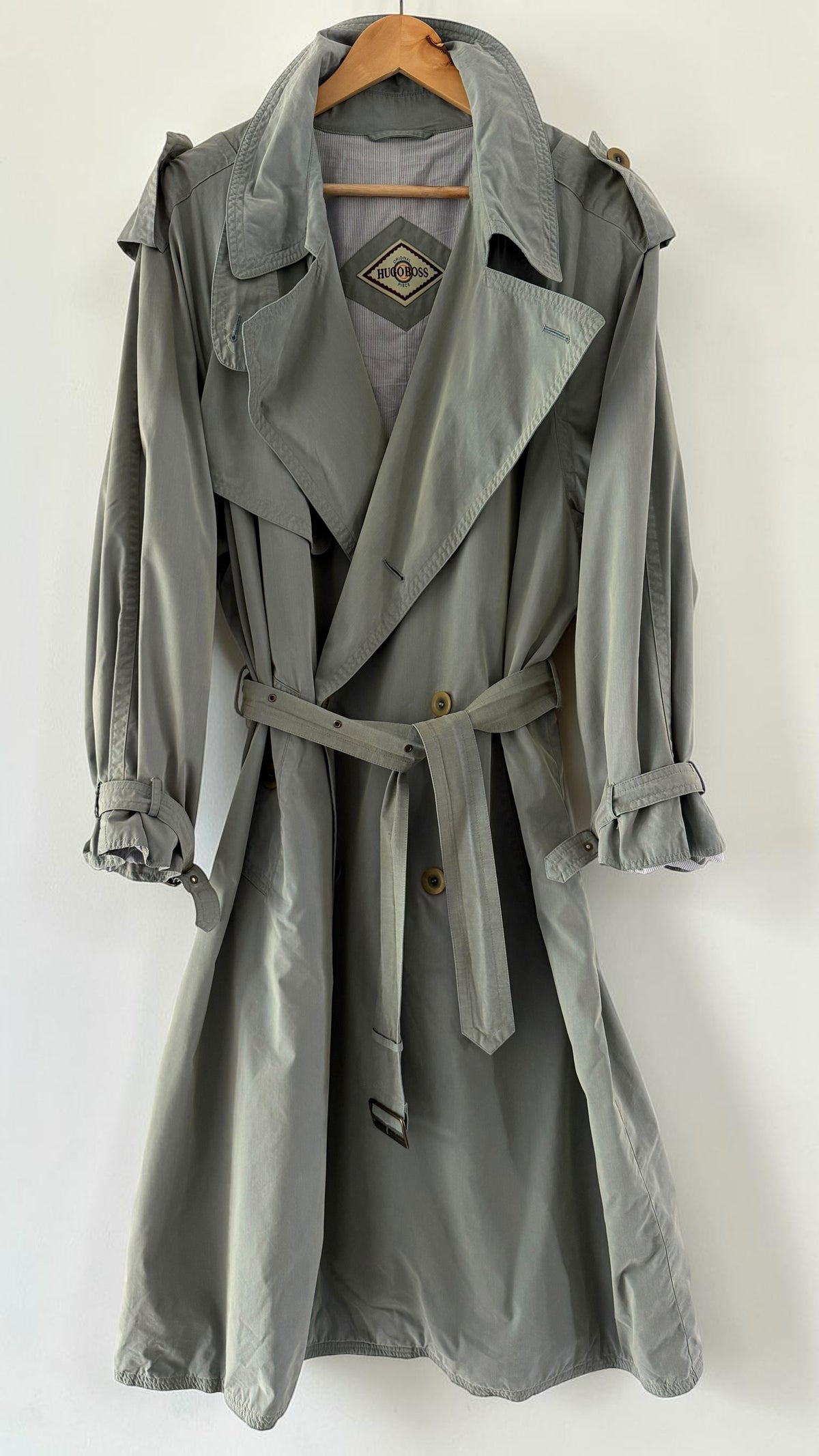 Hugo Boss 1980s Wool Cotton Steel Blue Trench Coat - Size L
