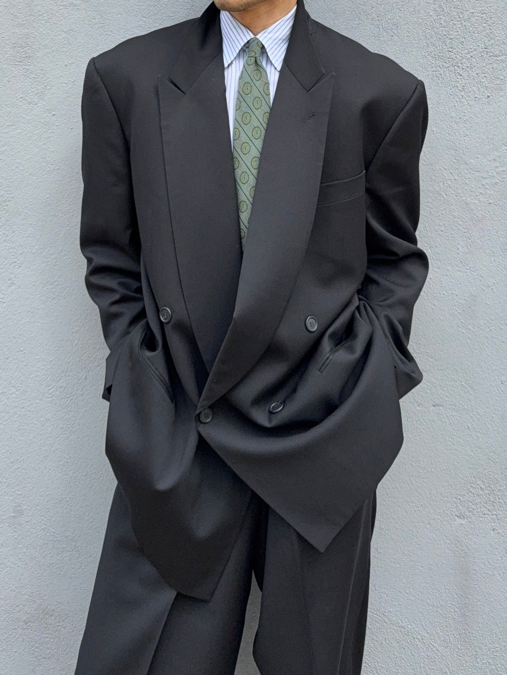 Giorgio Armani 1980s Peaked Lapel Double Breasted Pleated Black Suit - Size XXL Jacket / 44" Waist