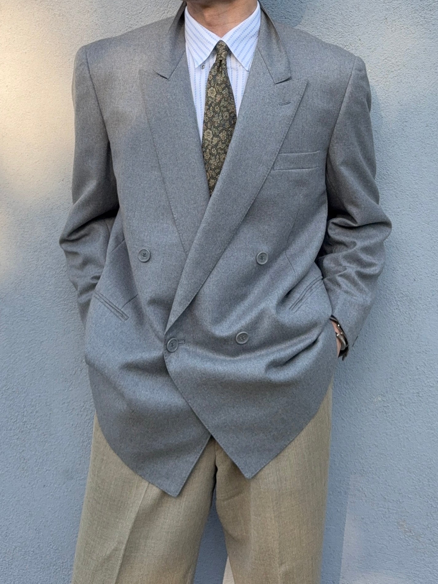 Yves Saint Laurent 1980s Double Breasted Peaked Lapel Wool Blazer Jacket Grey - Size XL