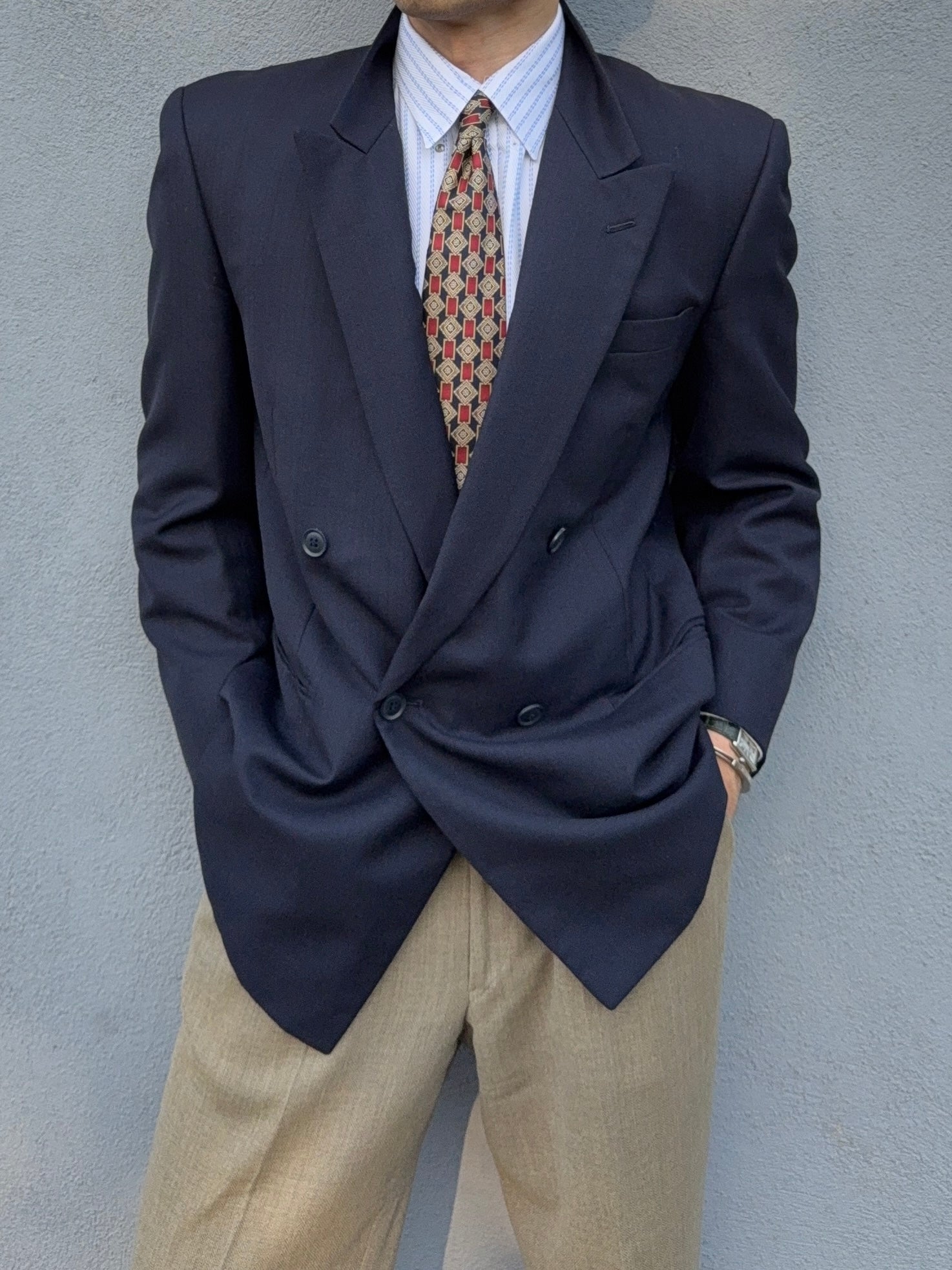 Yves Saint Laurent 1980s Double Breasted Peaked Lapel Wool Blazer Jacket Navy - Size M