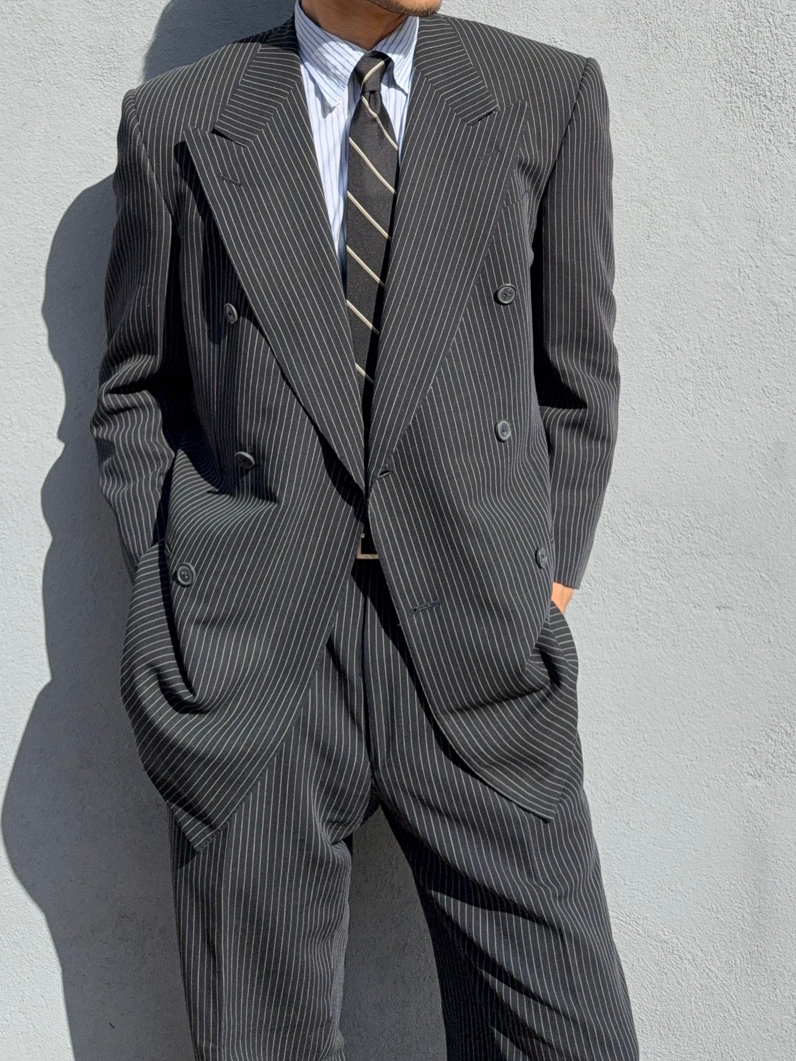 Valentino 1980s 6B Double Breasted Wool Pinestripe Power Suit - Size M Jacket / 32" Waist