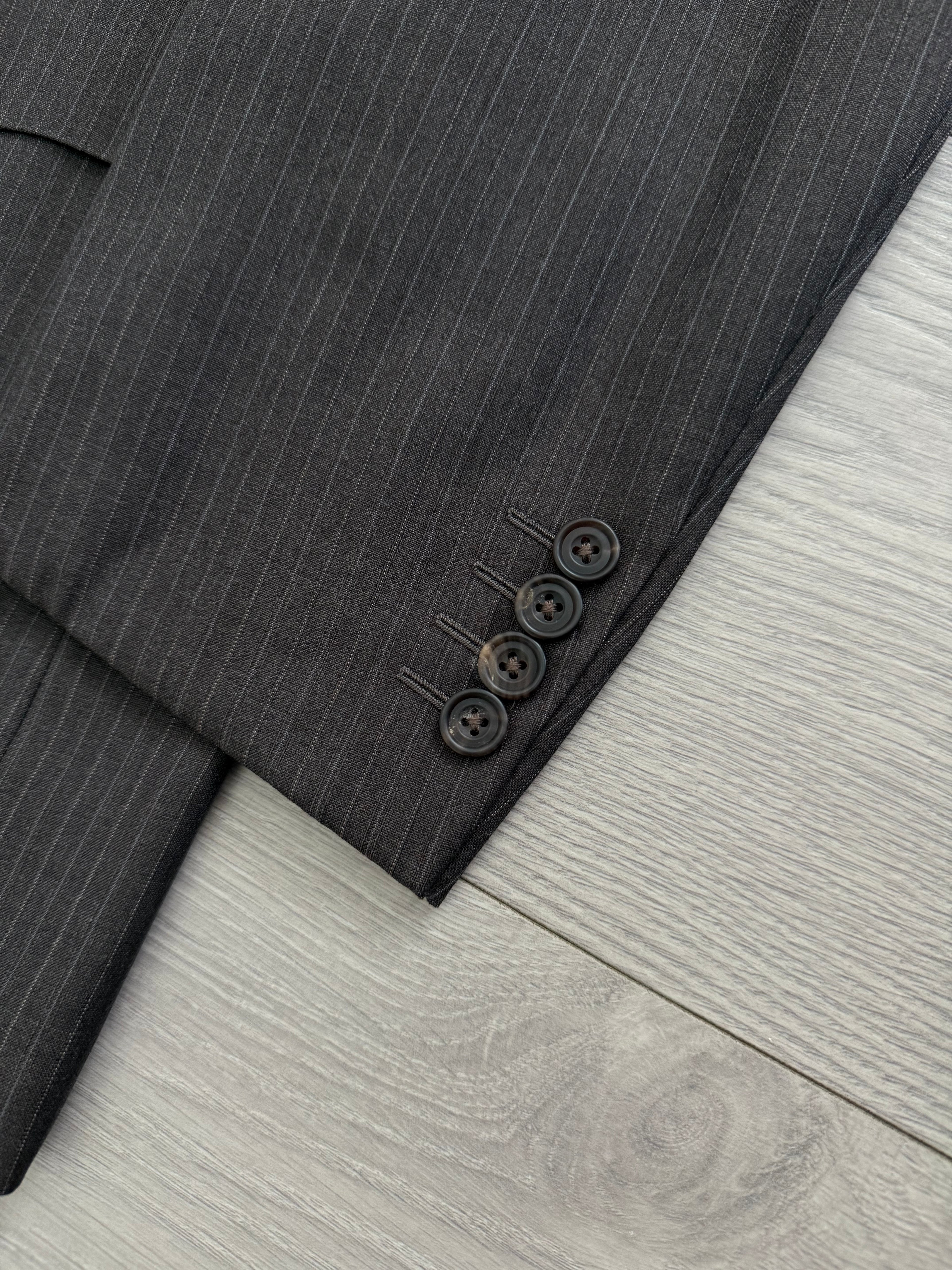 Burberry 1990s 2B Striped Wool Double-Pleat Espresso Grey Suit - Size M Jacket / 33" Waist