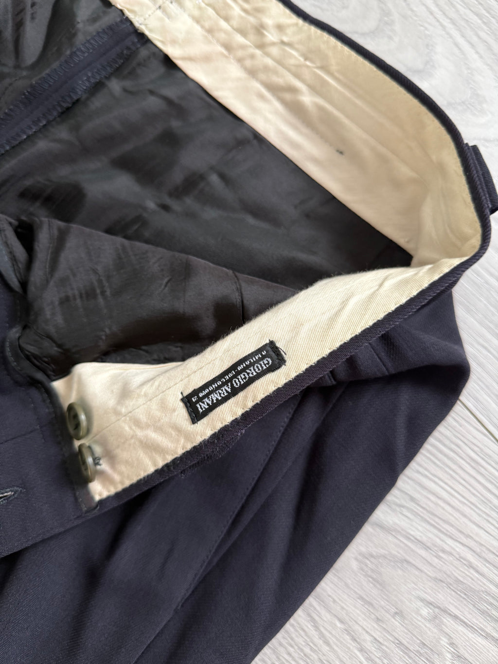 Giorgio Armani 1980s Double Pleat Draped Wool Navy Pants - Size 34" Waist