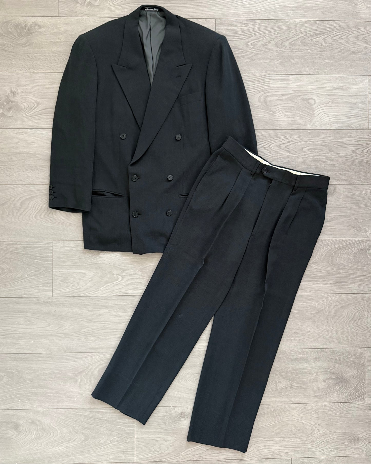 Giorgio Armani 1990s Double Breasted Draped Pleated Wool Suit - Size L Jacket / 32" Waist