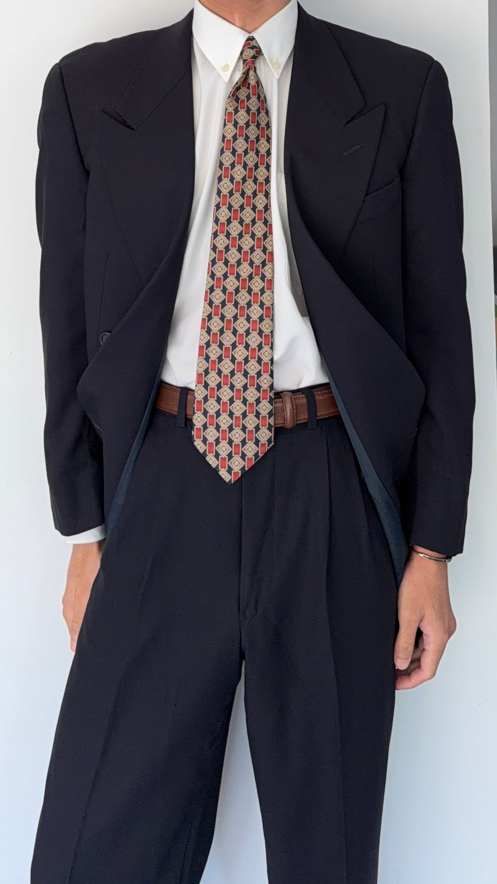 Giorgio Armani 1980s Peaked Lapel Double Breasted Wool Navy Suit - Size M Jacket / 30" Waist