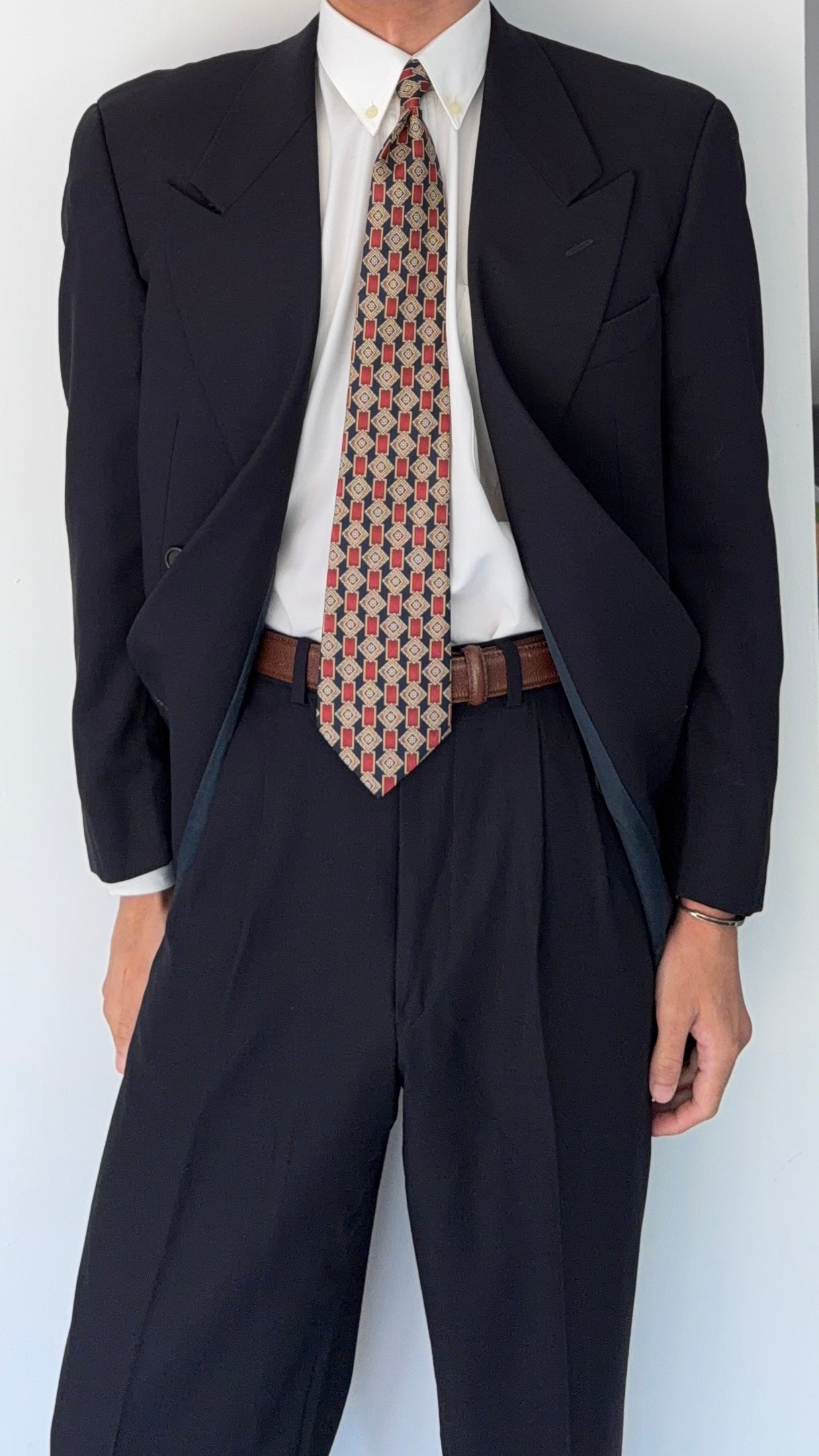 Giorgio Armani 1980s Peaked Lapel Double Breasted Wool Navy Suit - Size M Jacket / 30" Waist