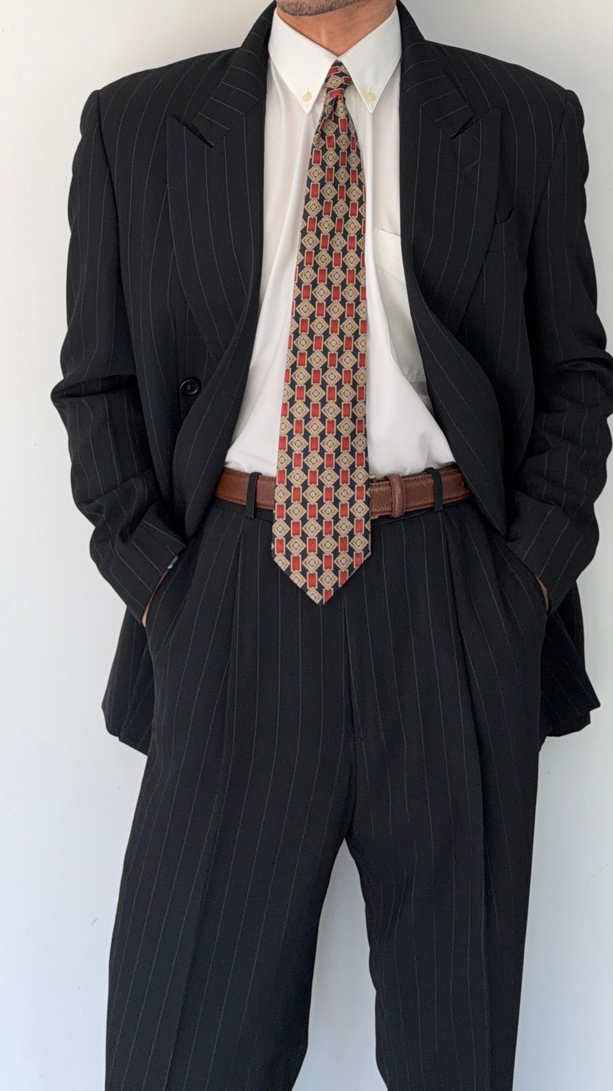 Armani 1990s Peaked Lapel Double Breasted Pinstripe Textured Wool Suit - Size M Jacket / 31" Waist