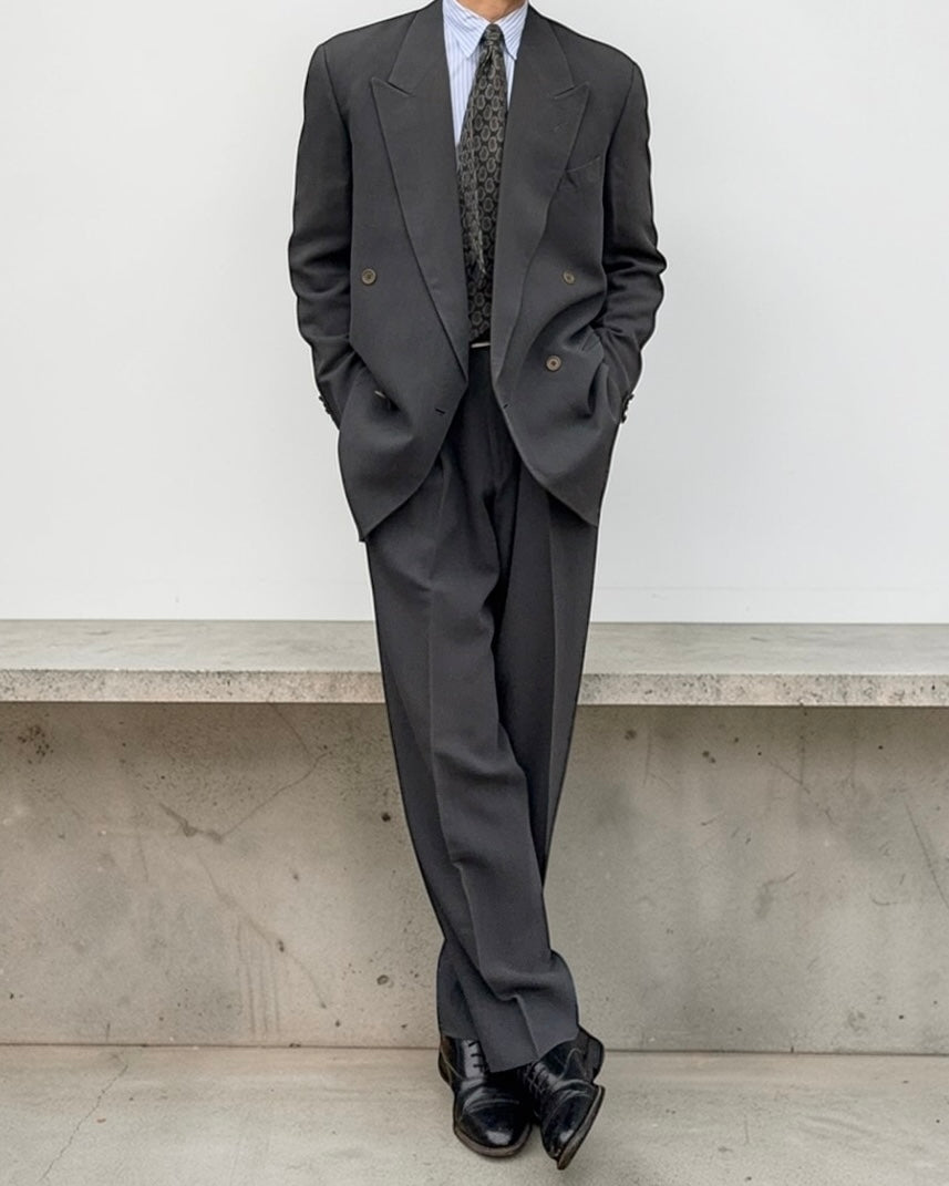 Emporio Armani 1990s Double Breasted Pleated Wool Grey Suit - Size M Jacket / 31" Waist