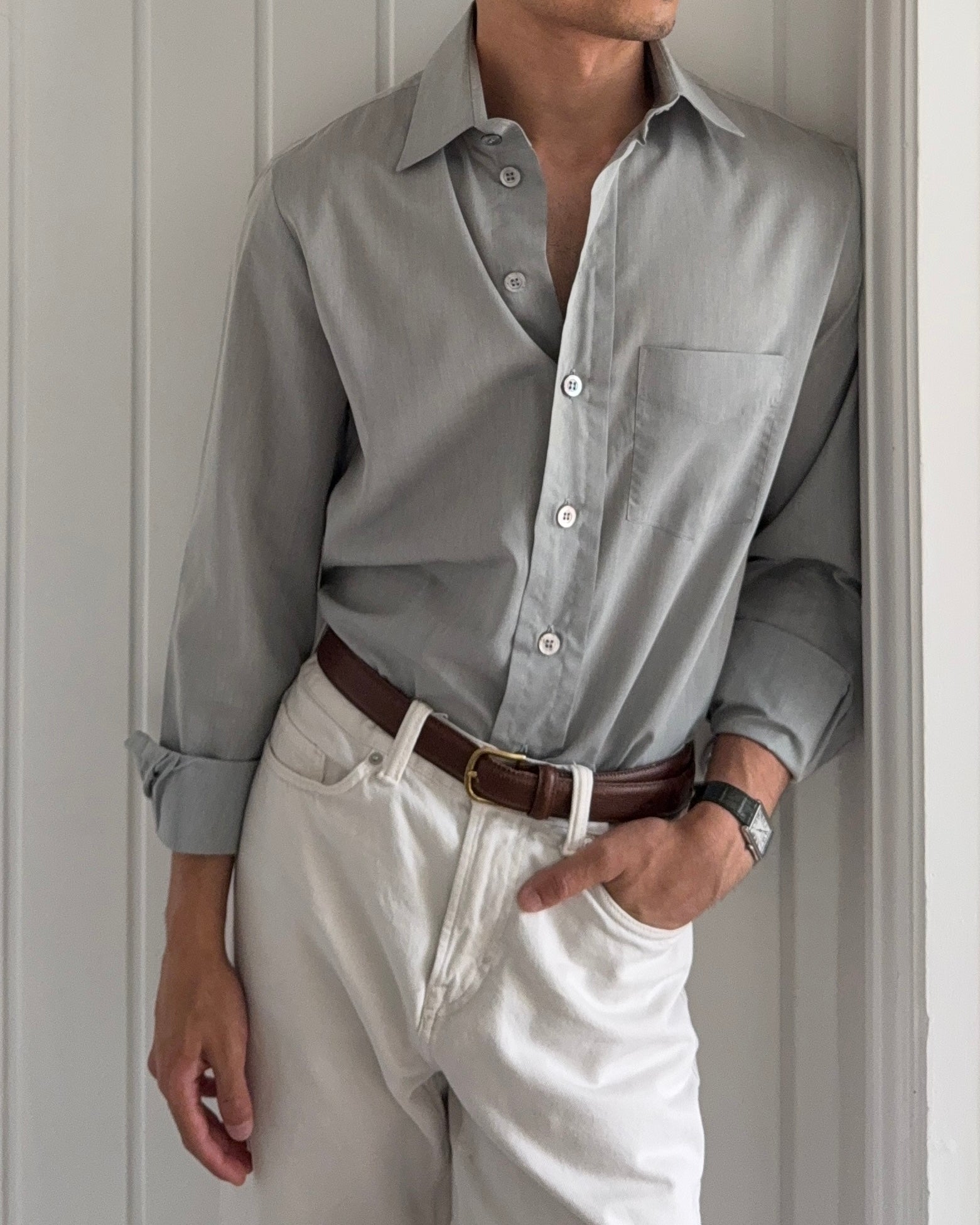 Armani 1990s Green Grey Cotton Shirt - Size M
