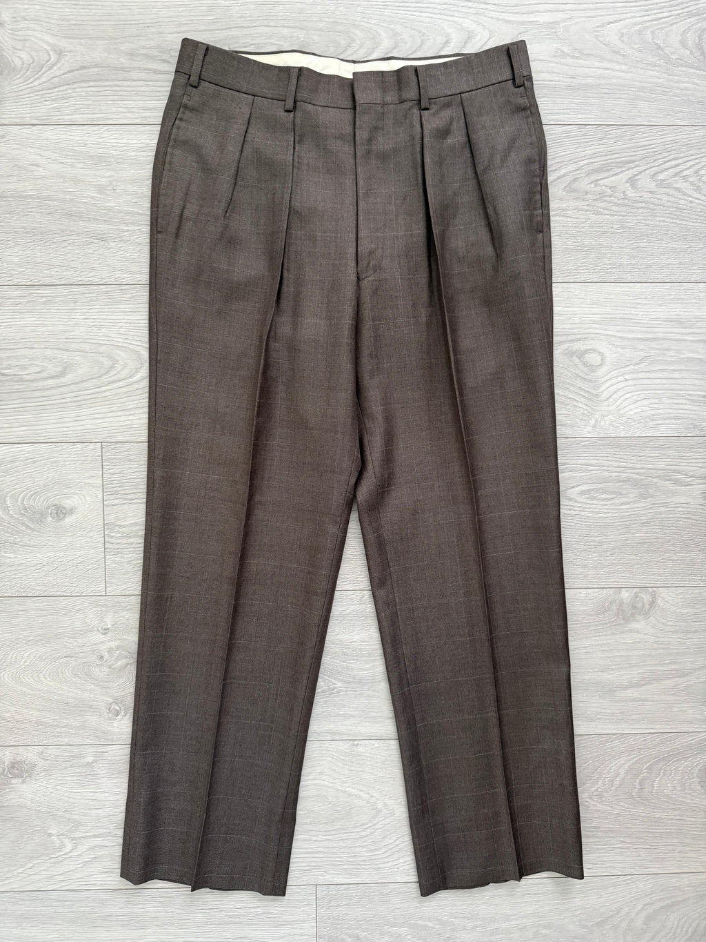 Burberry 1990s 2B Zegna Wool Check Double-Pleat Brown Suit - Size M Jacket / 33" Waist