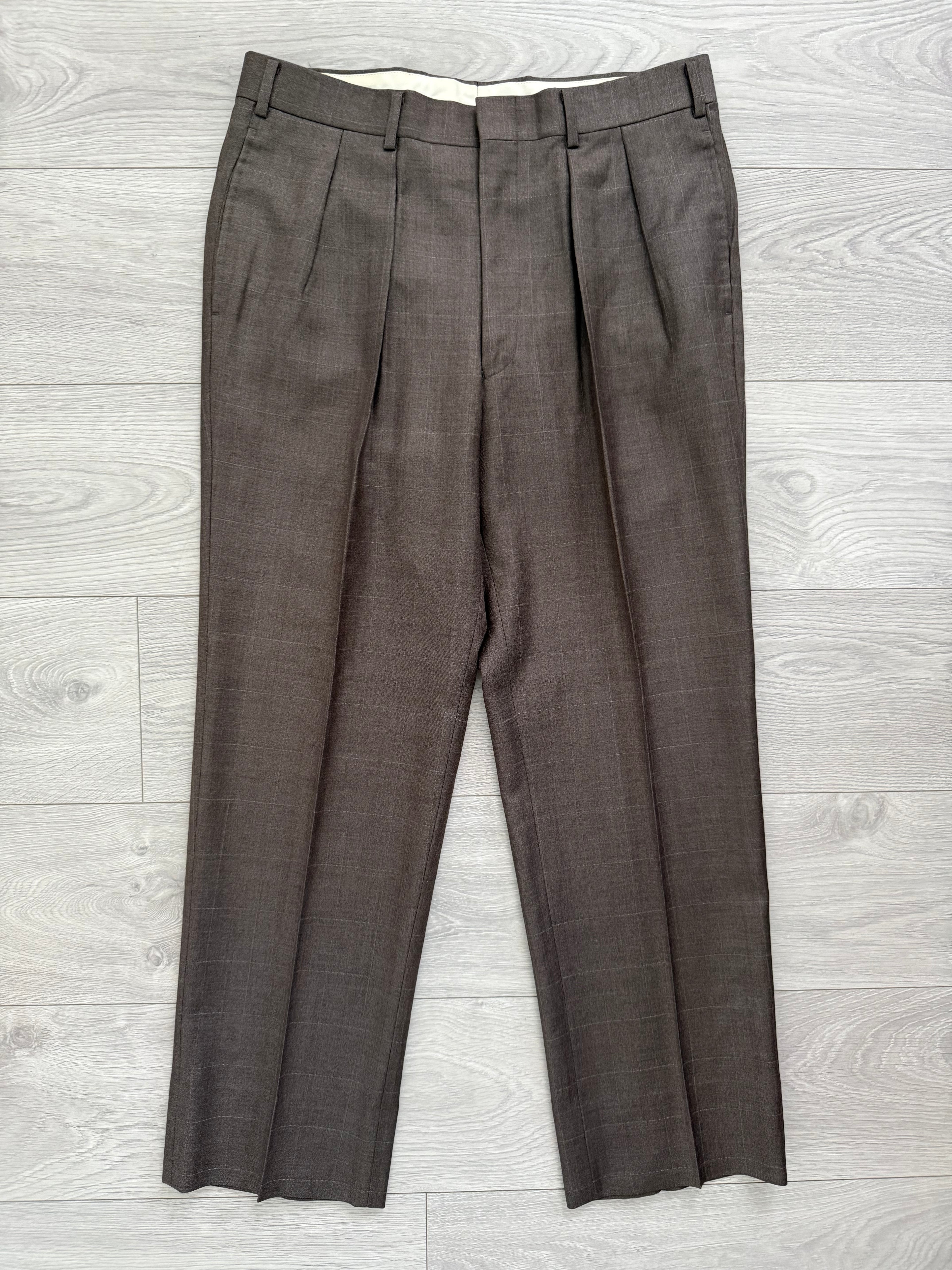 Burberry 1990s 2B Zegna Wool Check Double-Pleat Brown Suit - Size M Jacket / 33" Waist