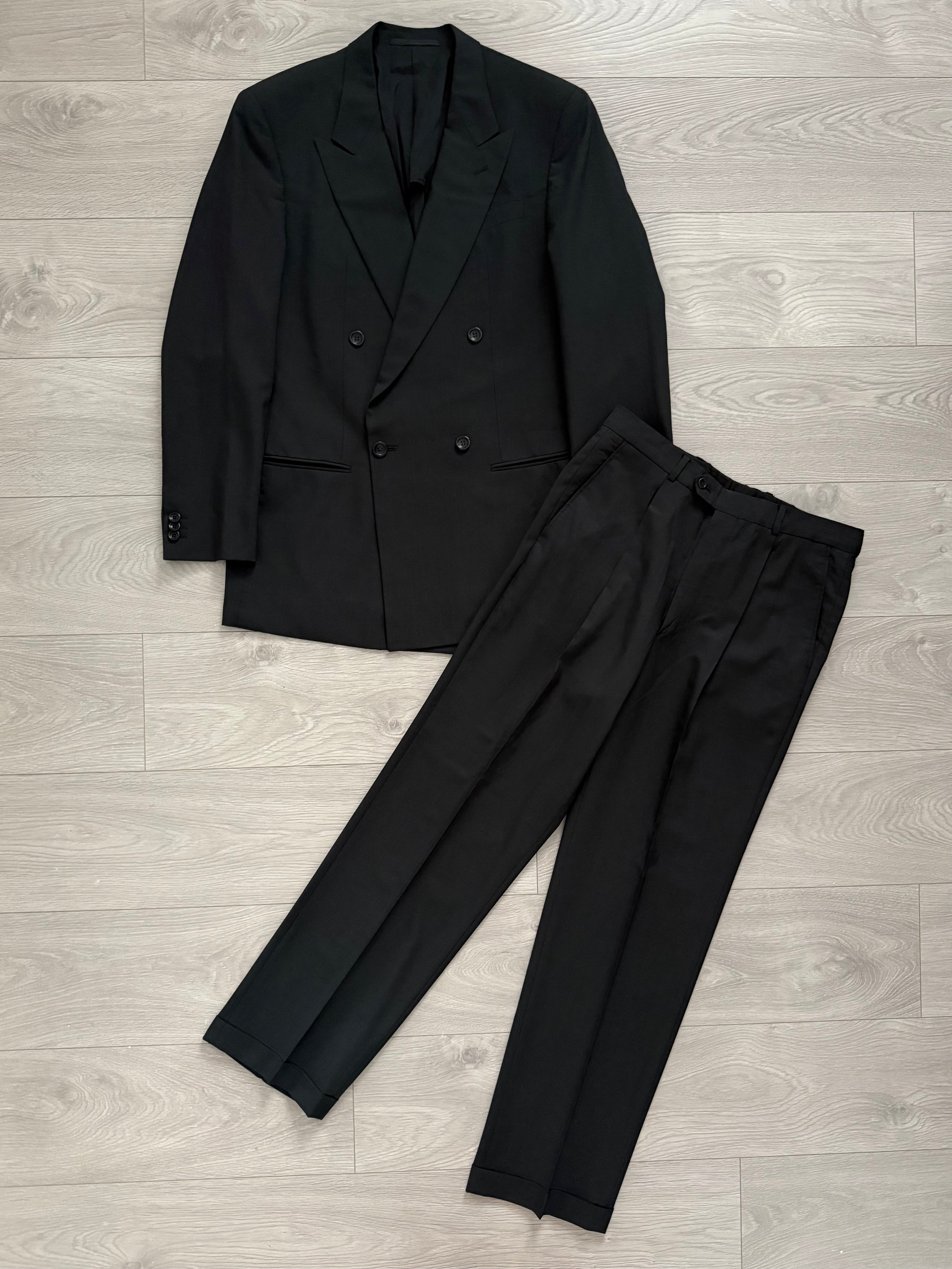 Armani 1990s Double Breasted Grey Striped Pleated Suit - Size M Jacket / 32" Waist