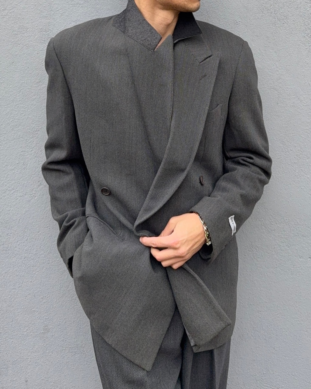 Giorgio Armani 1980s Double Breasted Pleated Wool Suit Grey New - Size L Jacket / 32" Waist