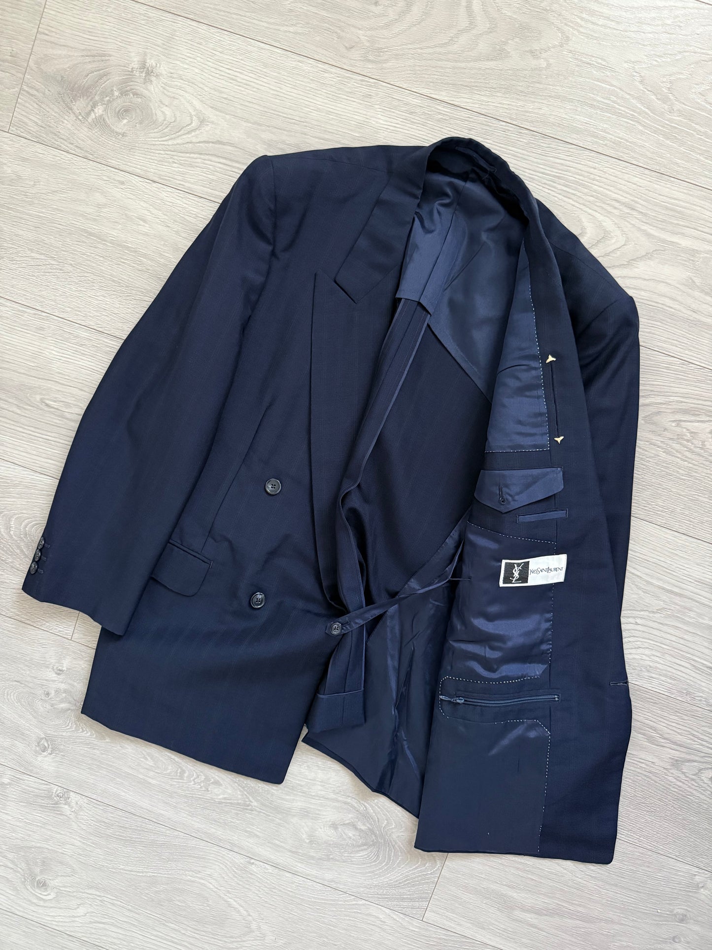 Yves Saint Laurent 1990s Double-Breasted Pleated Striped Blue Wool Suit - Size L Jacket / 32" Waist