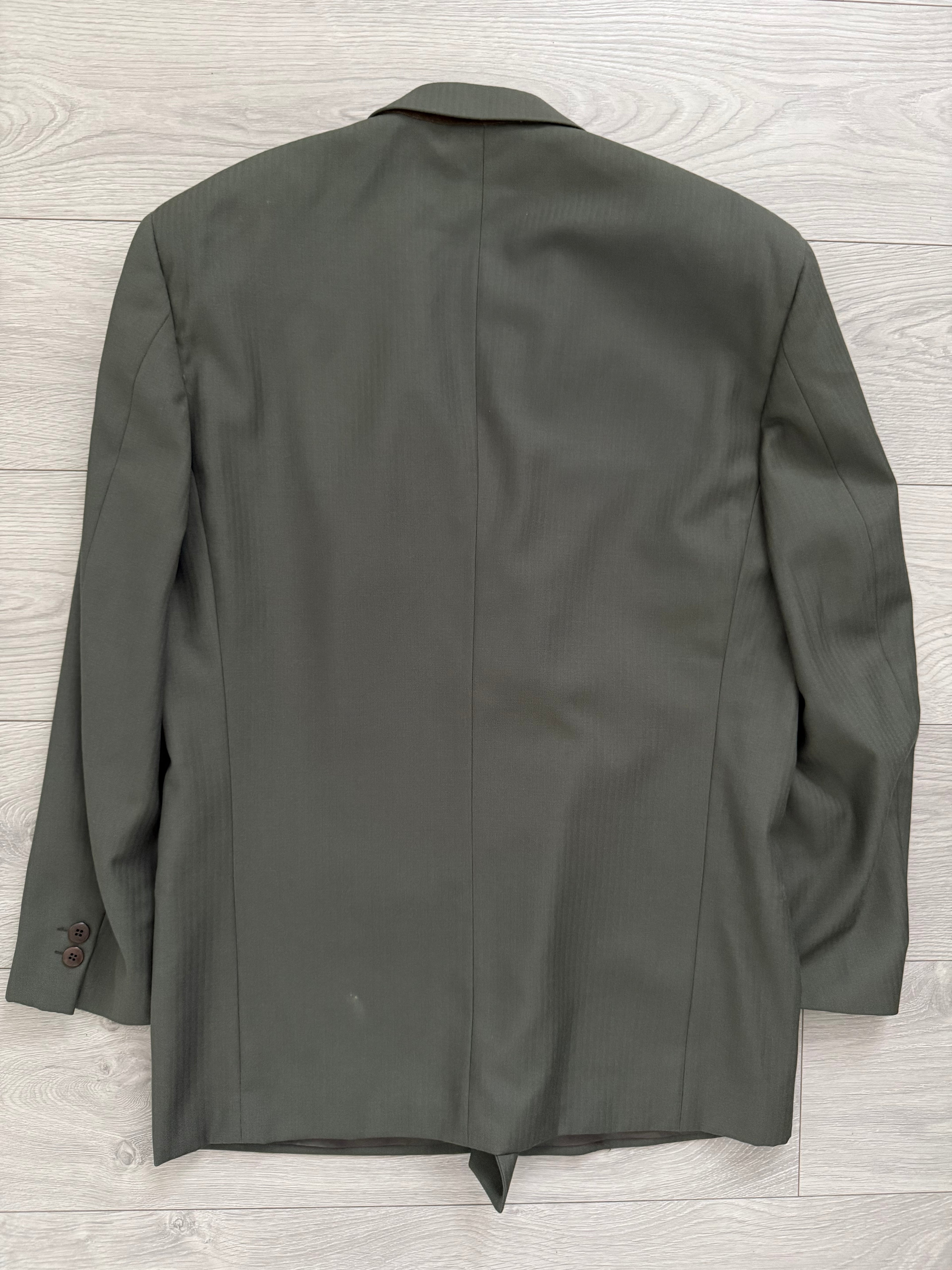 Versace 1980s Peak Lapel Double Breasted Pleated Draped Wool Green Suit - Size M Jacket / 31" Waist