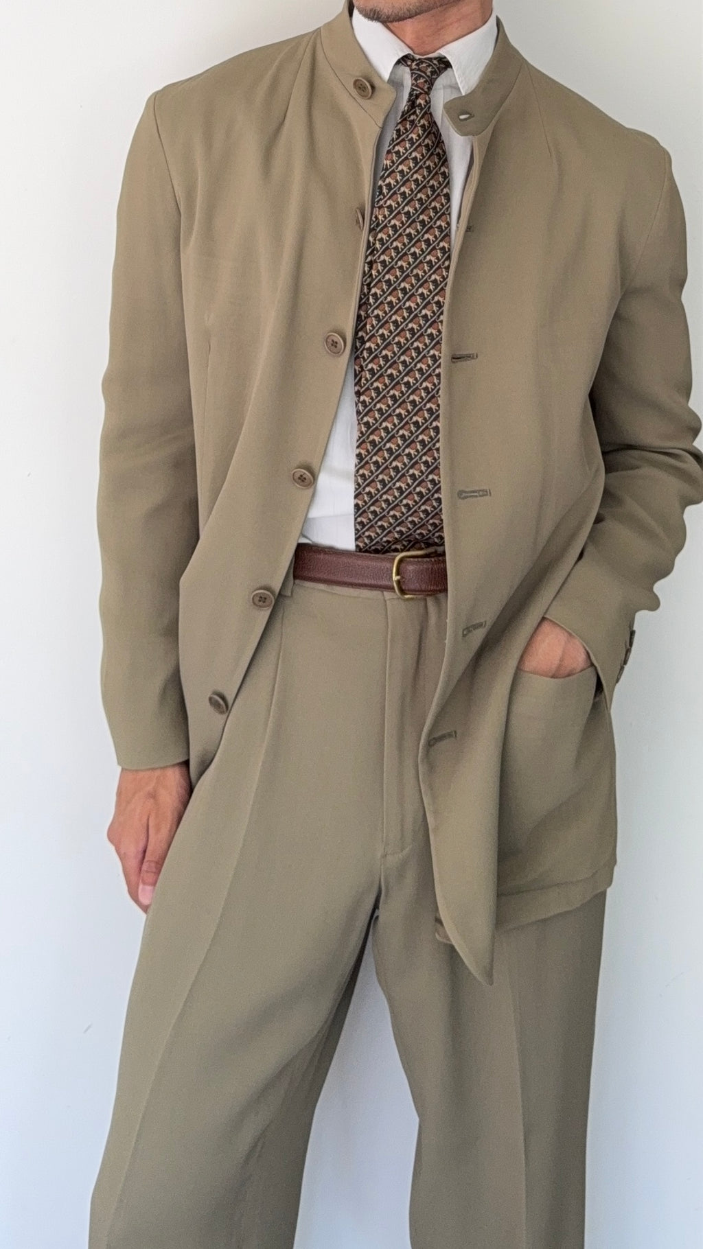 Emporio Armani AW1995 Nehru Collar Draped Khaki Taupe Suit - Size S Jacket / 30" Waist