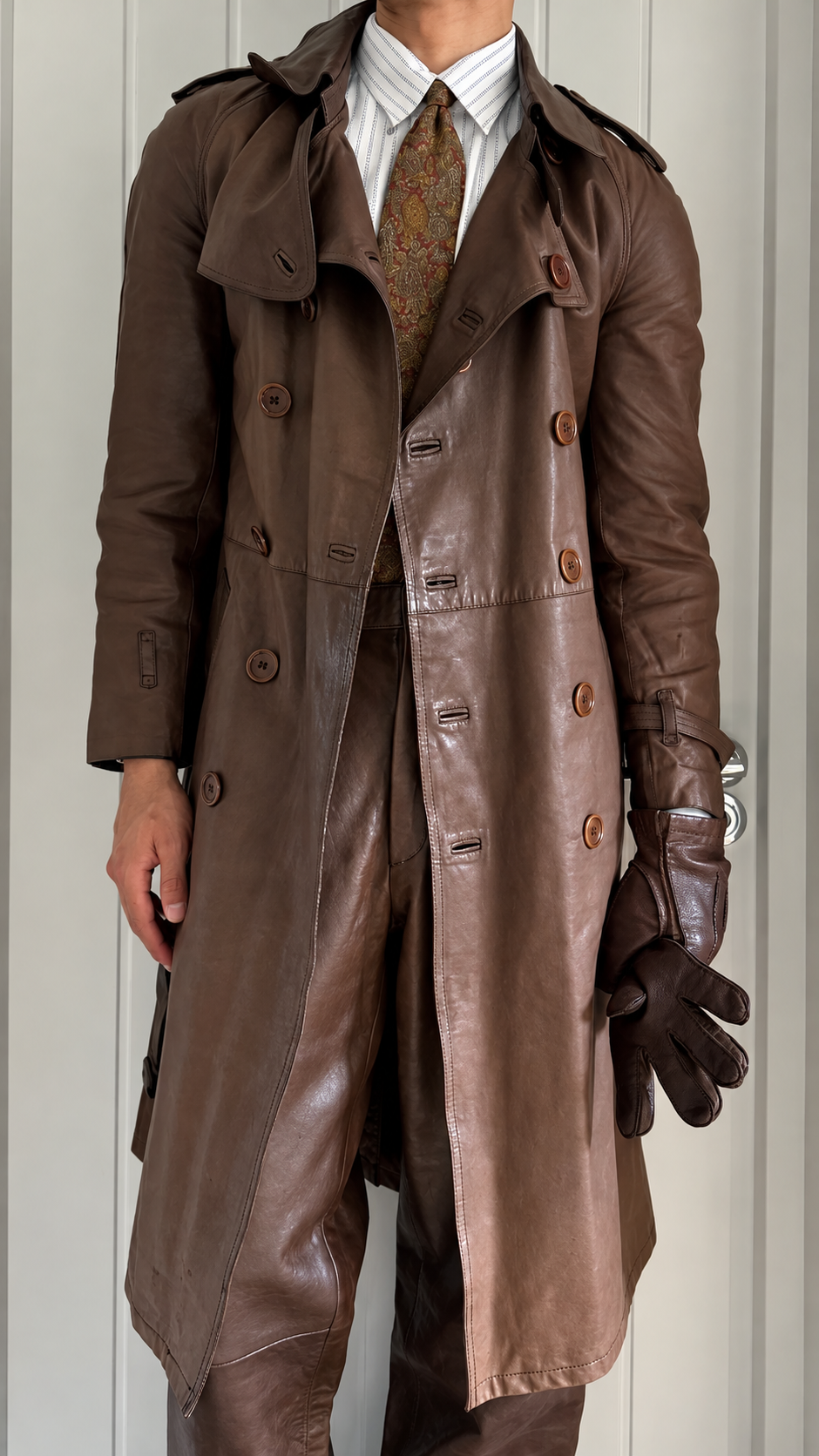 Sicons Armani 1980s Leather Military Trench Coat - Size S