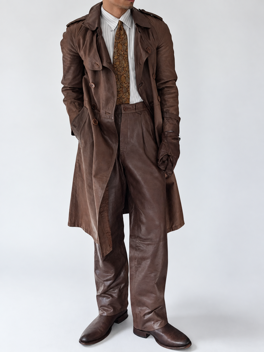 Sicons Armani 1980s Leather Military Trench Coat - Size S