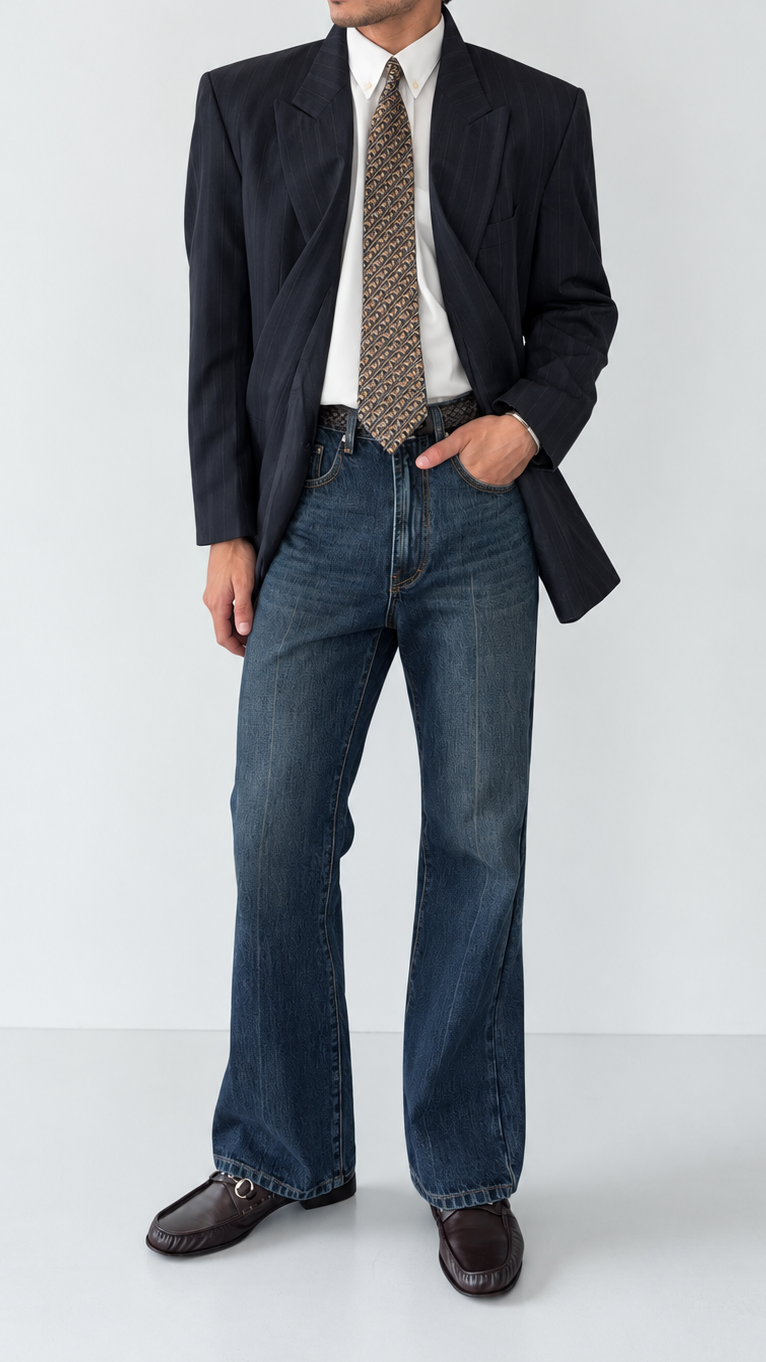 A man modeling a dark navy blazer, white dress shirt, patterned brown tie, blue jeans, and dark brown leather shoes against a light gray studio background.