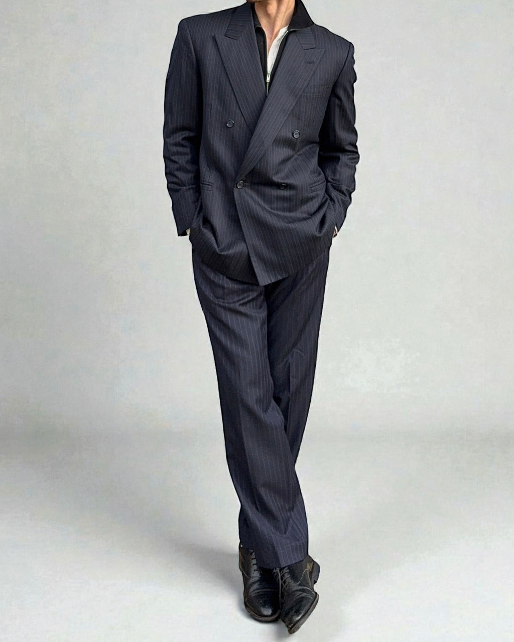 Yves Saint Laurent 1990s Double Breasted Pleated Striped Wool Navy Suit - Size M Jacket / 30" Waist