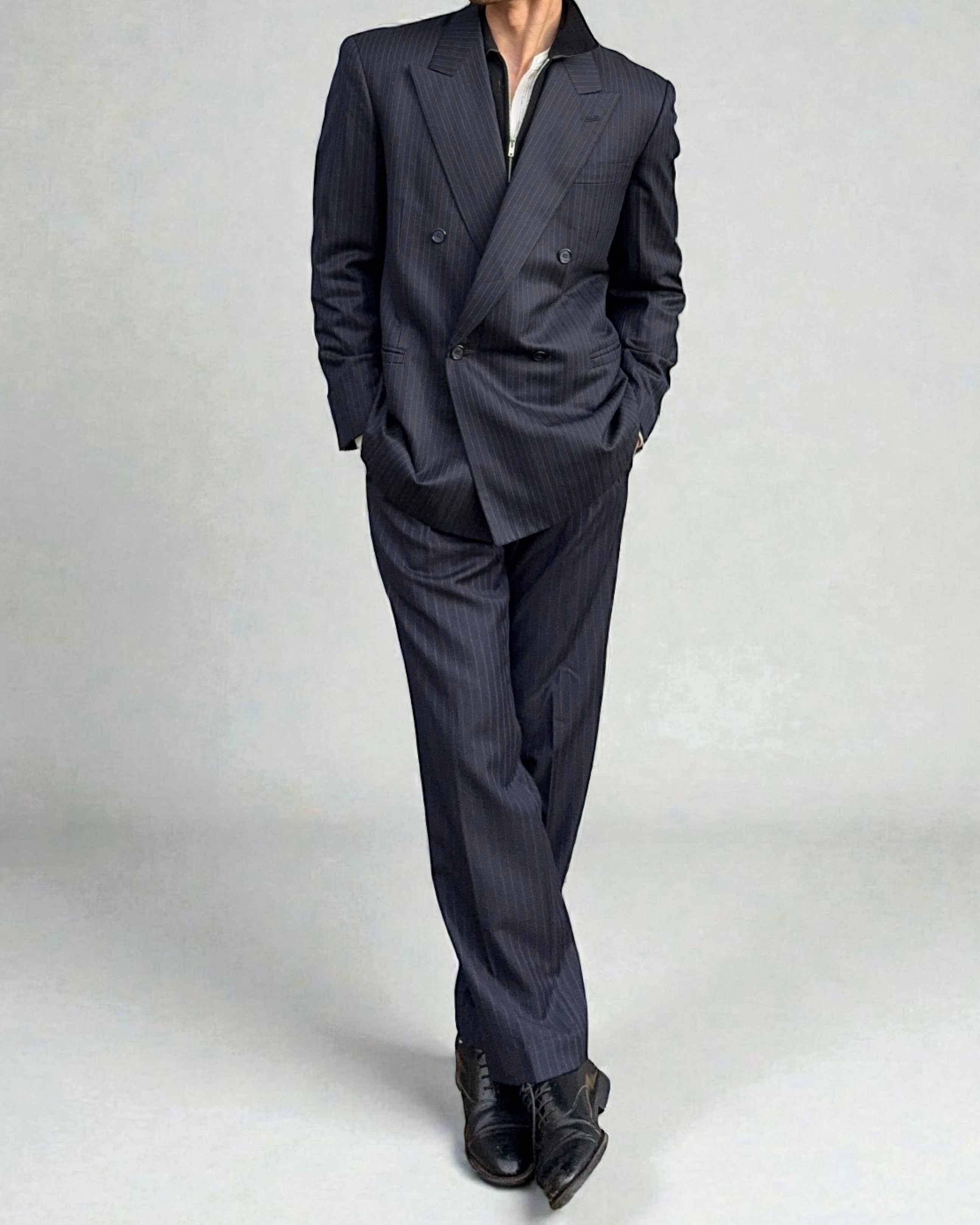 Yves Saint Laurent 1990s Double Breasted Pleated Striped Wool Navy Suit - Size M Jacket / 30" Waist