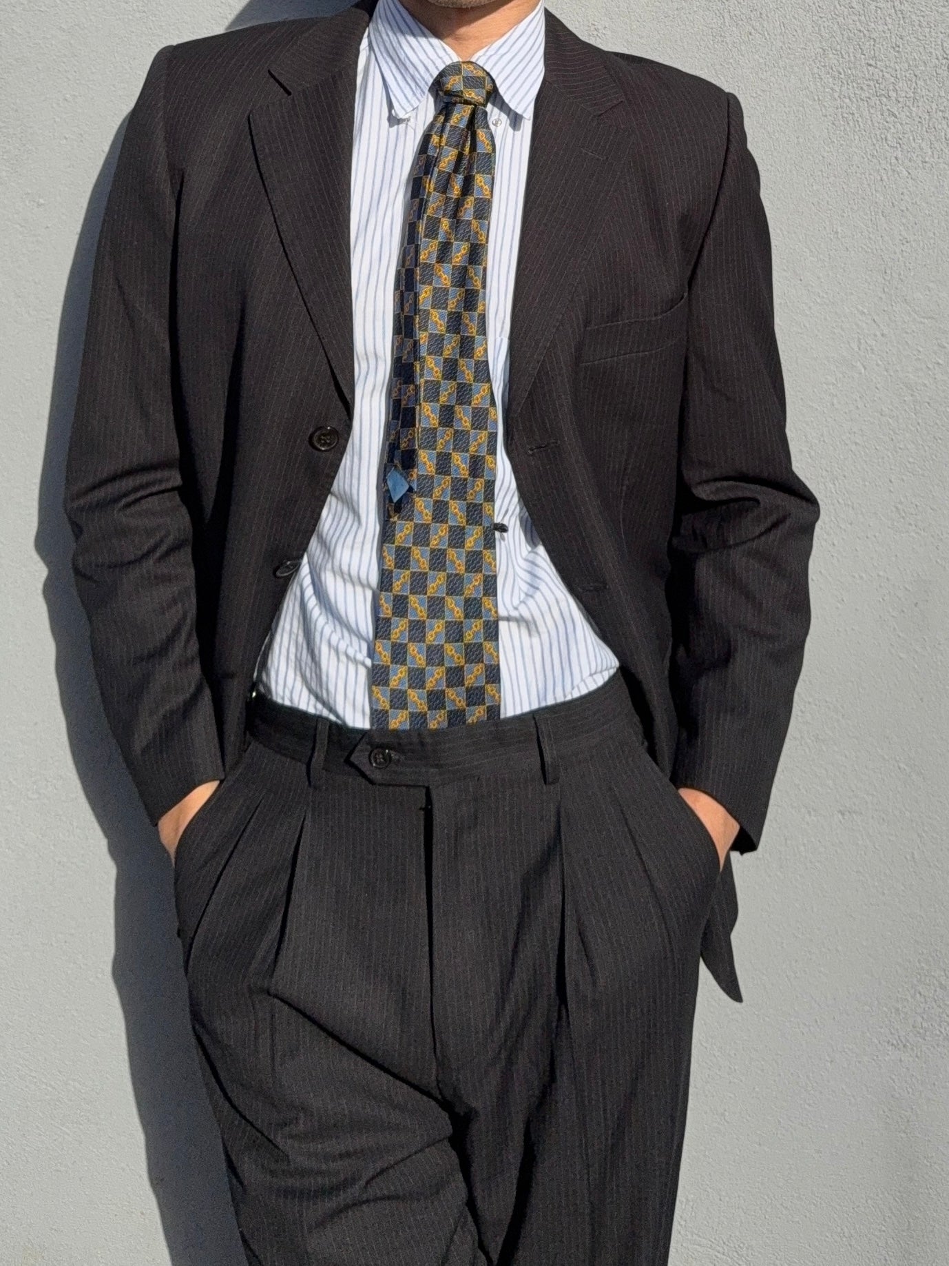 Armani 1990s Pinstriped Pleated Wool Black Suit - Size S Jacket / 30" Waist