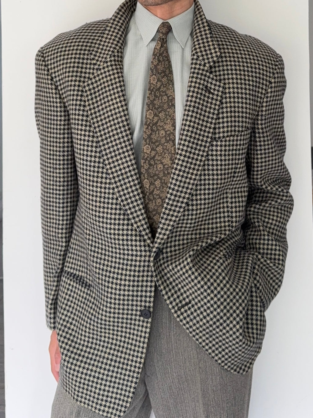 Giorgio Armani 1980s Houndstooth Textured Wool Check Sports Jacket Blazer - Size XL