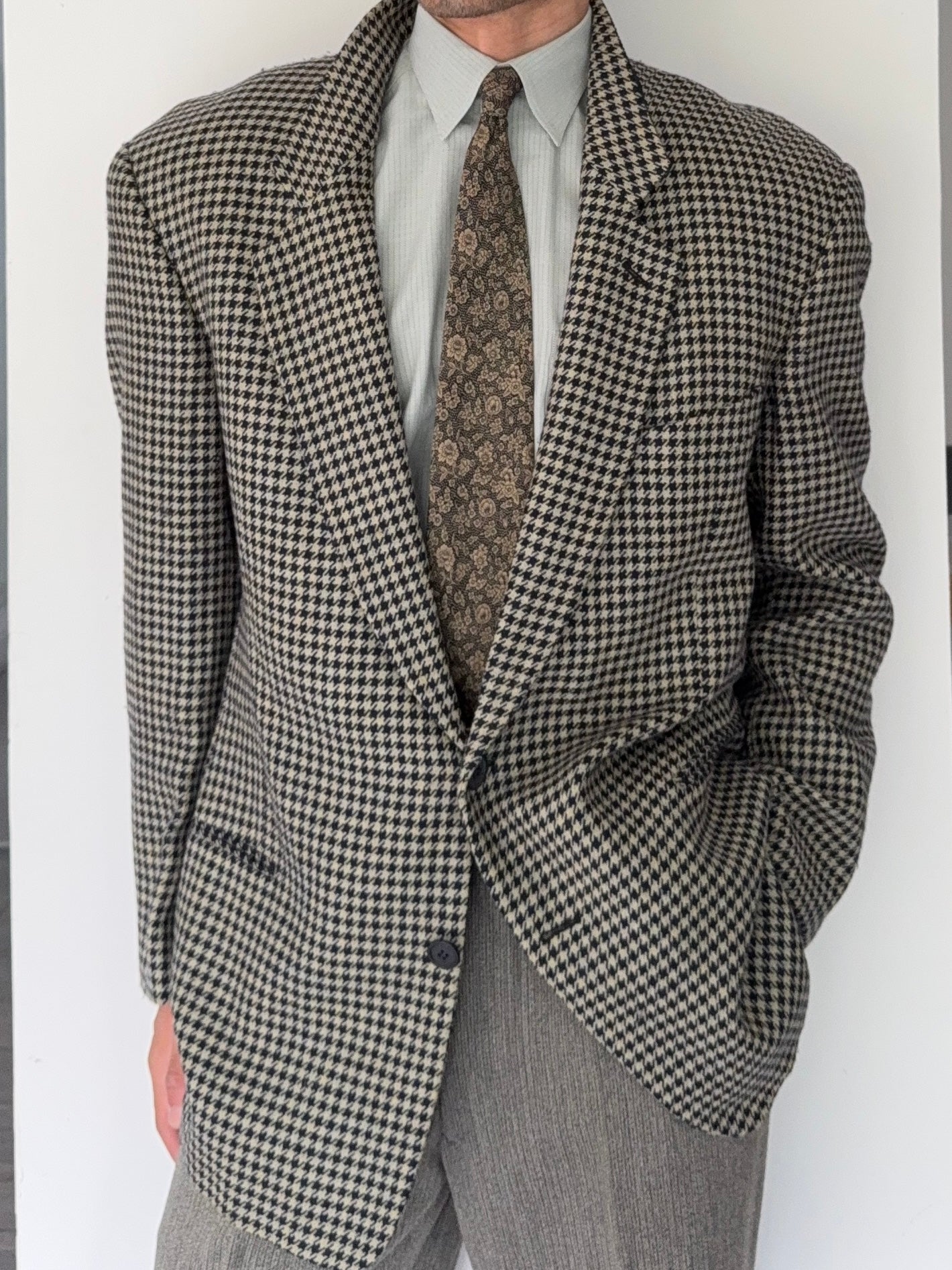 Giorgio Armani 1980s Houndstooth Textured Wool Check Sports Jacket Blazer - Size XL