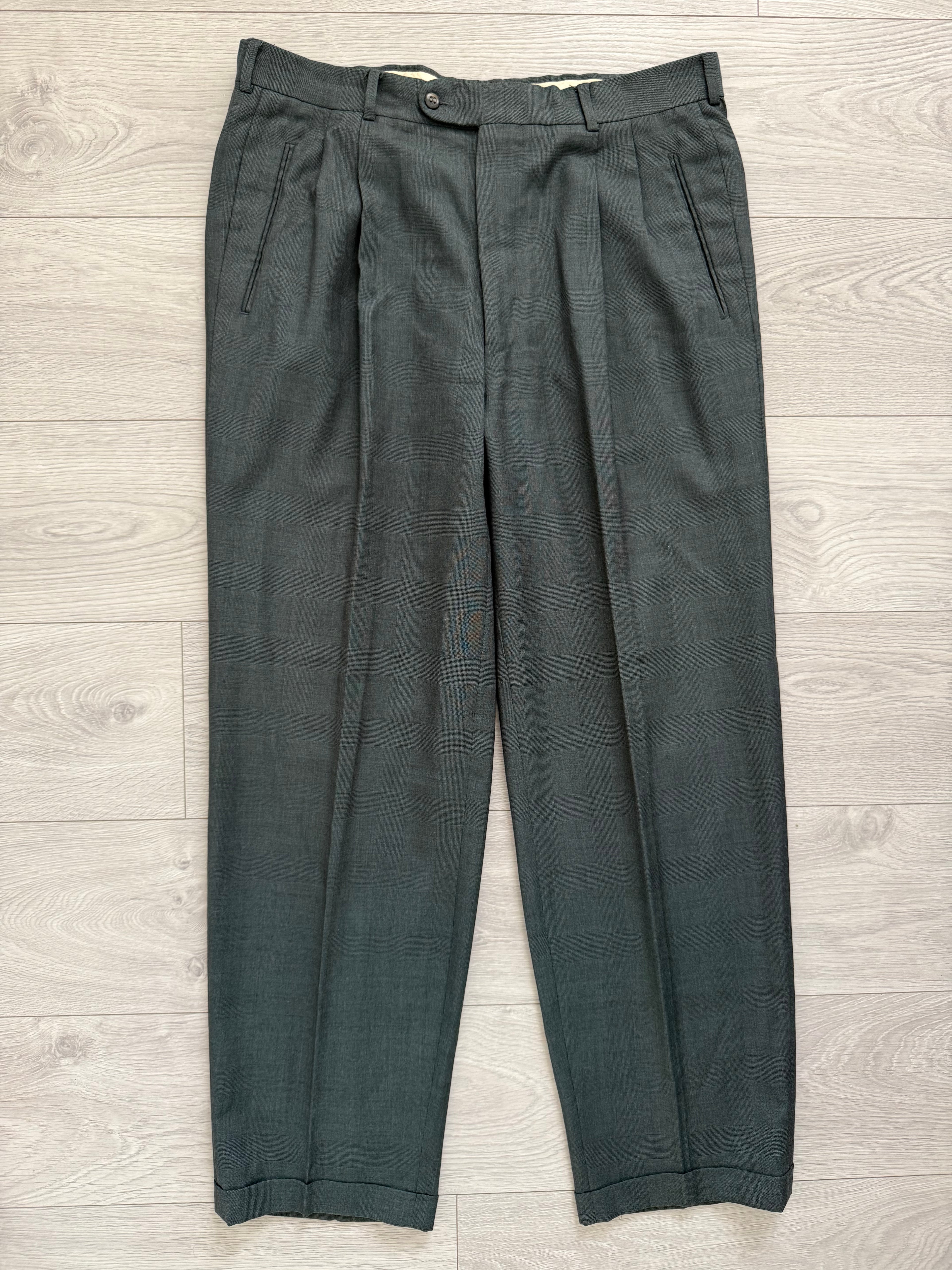 Hugo Boss 1980s Peaked Lapel Double Breasted Pleated Wool Suit Dark Green - Size XL Jacket / 36" Waist