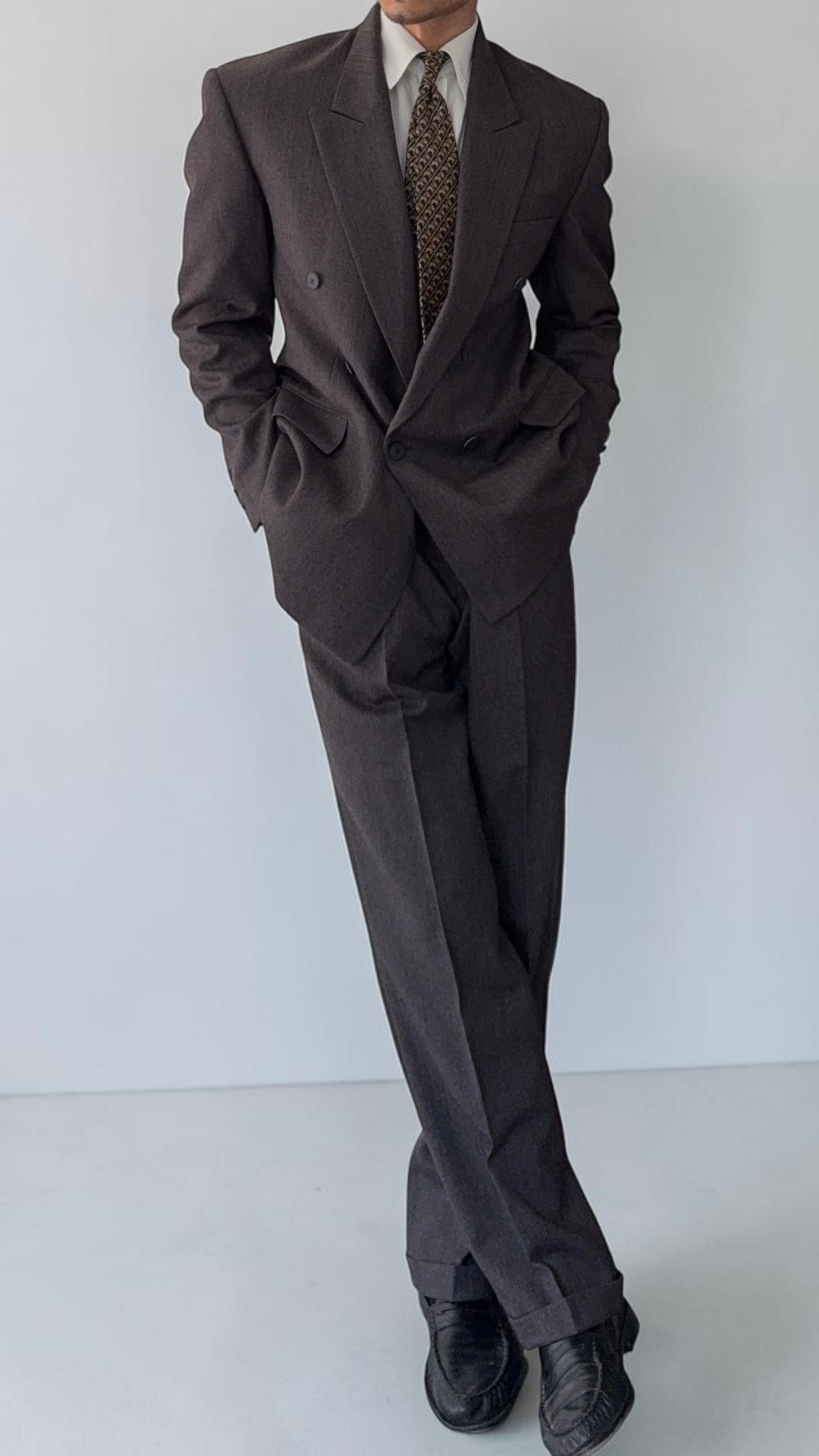 Vintage 1980s Made in England Double Breasted Peaked Lapel Pleated Brown Suit - Size M Jacket / 31" Waist